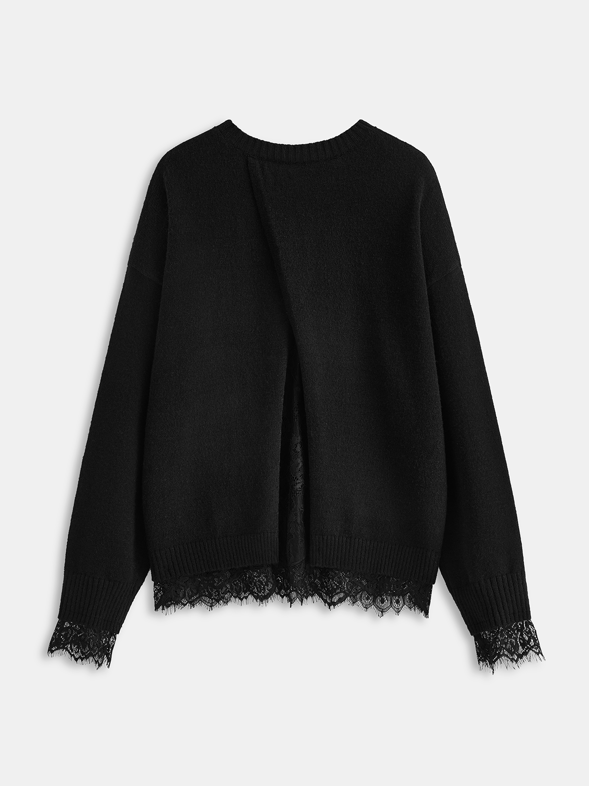 Lace Trim Back Slit Knit Sweater-Chicvia