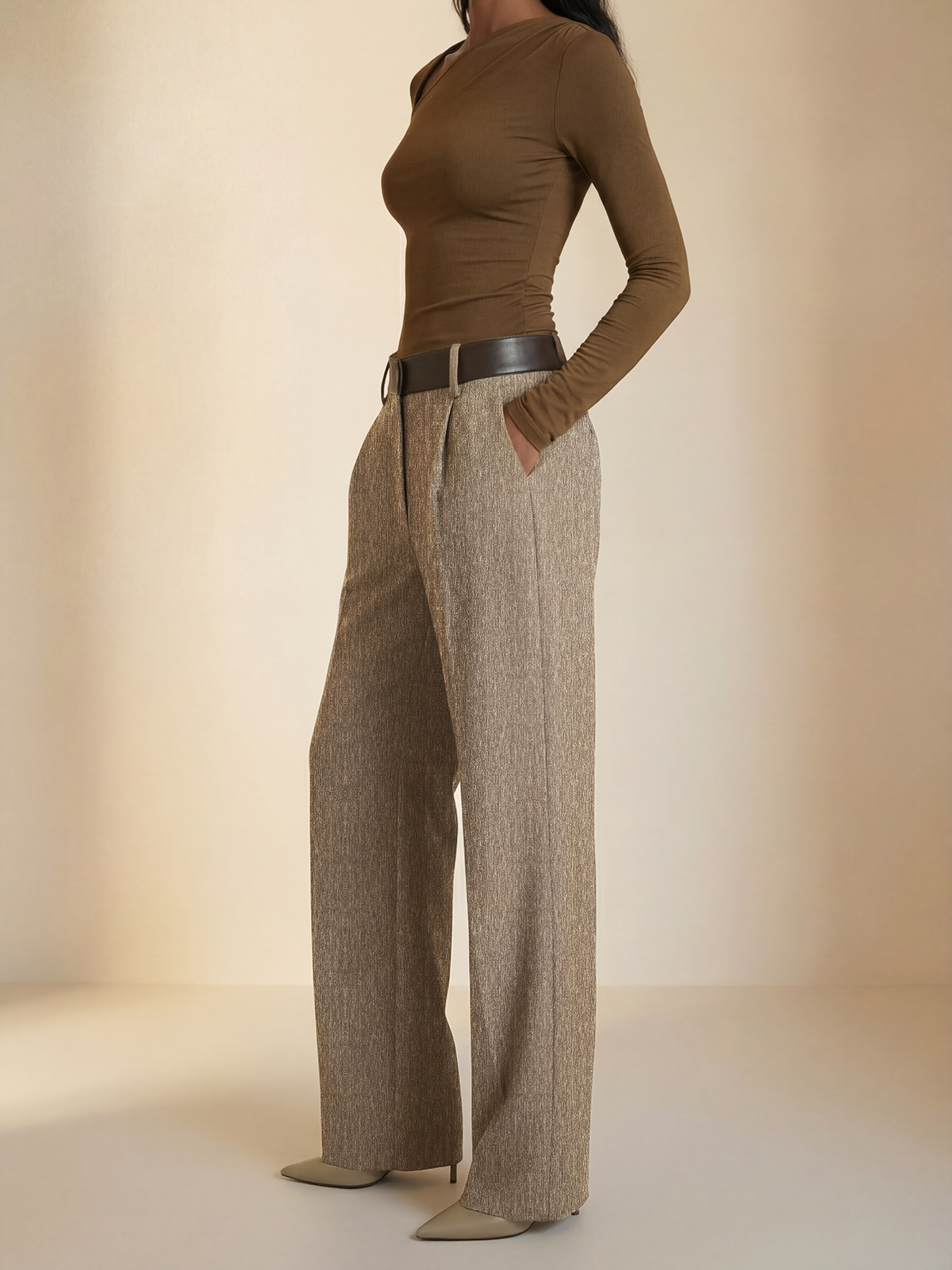 Faux Leather Panel Wide-Leg Pants-Chicvia