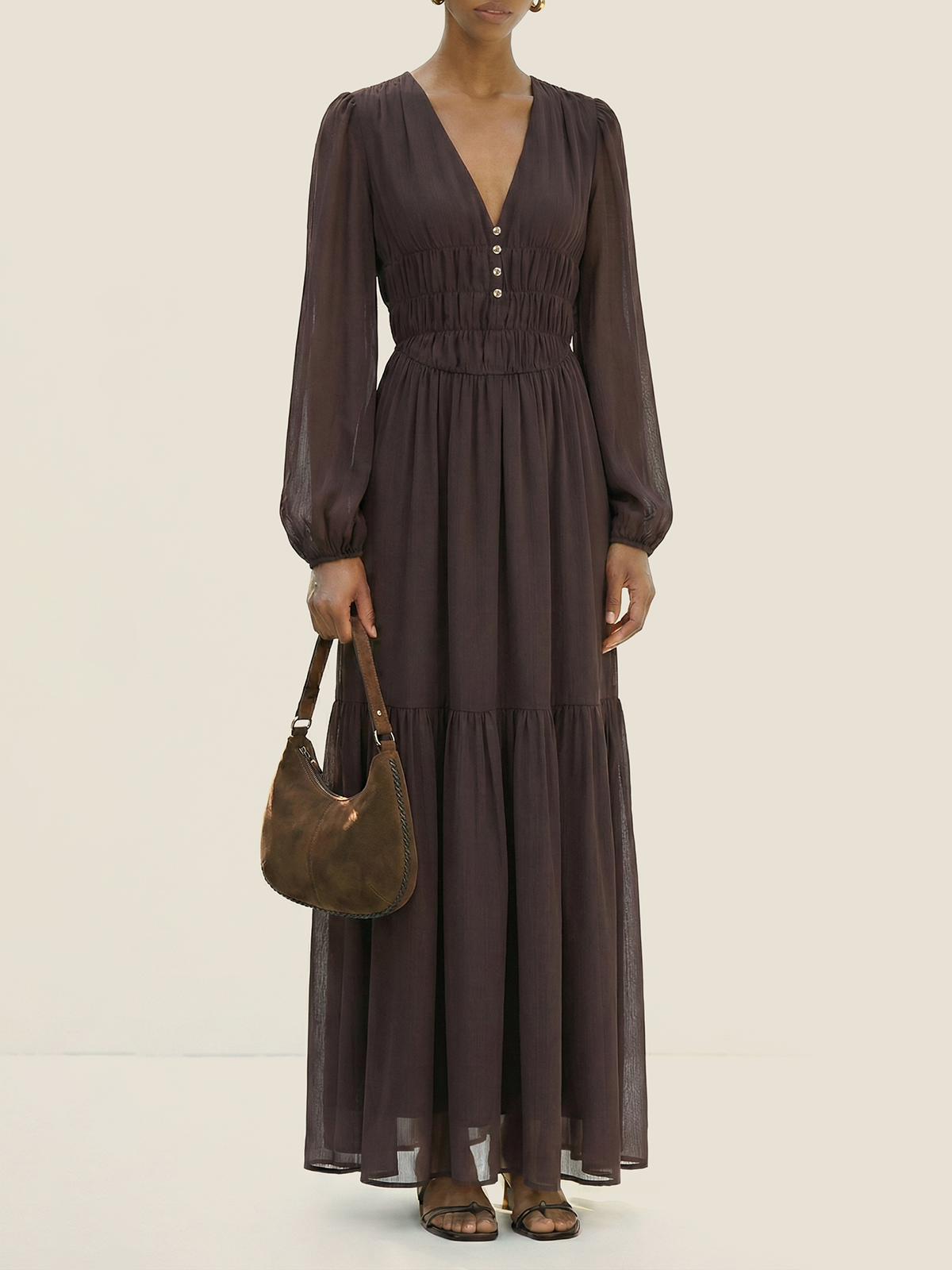 Chiffon V-Neck Puff-Sleeve Maxi Dress-Chicvia