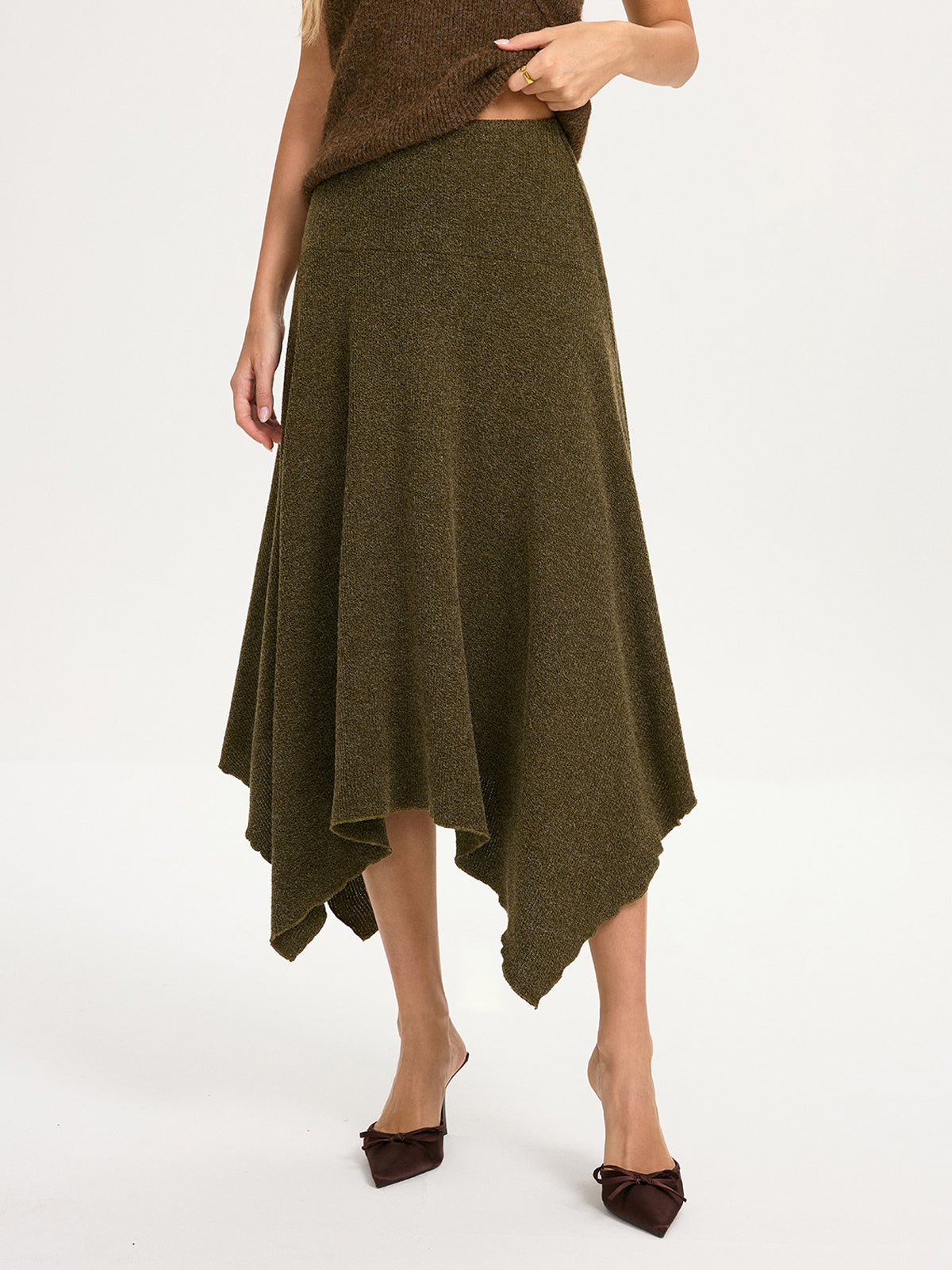Knit Asymmetric Hem Midi Skirt-Chicvia