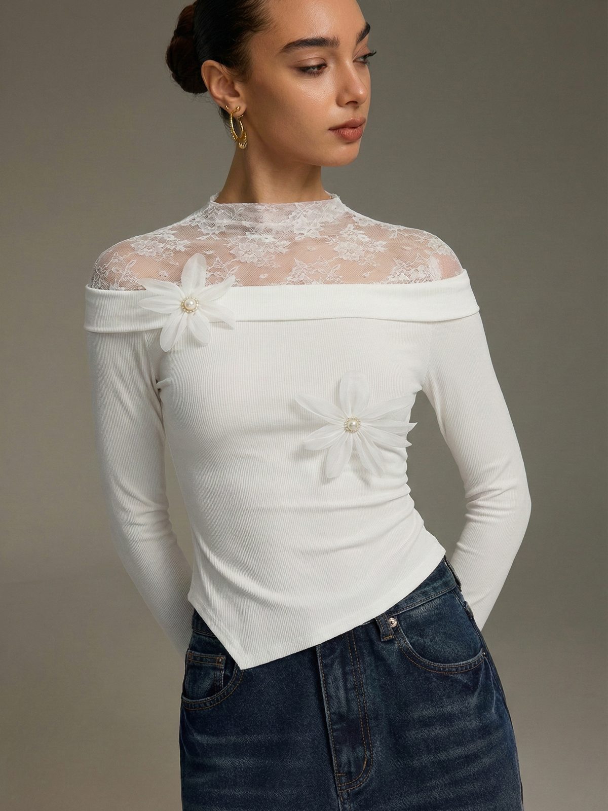Lace Panel 3D Floral Off-Shoulder Top-Chicvia