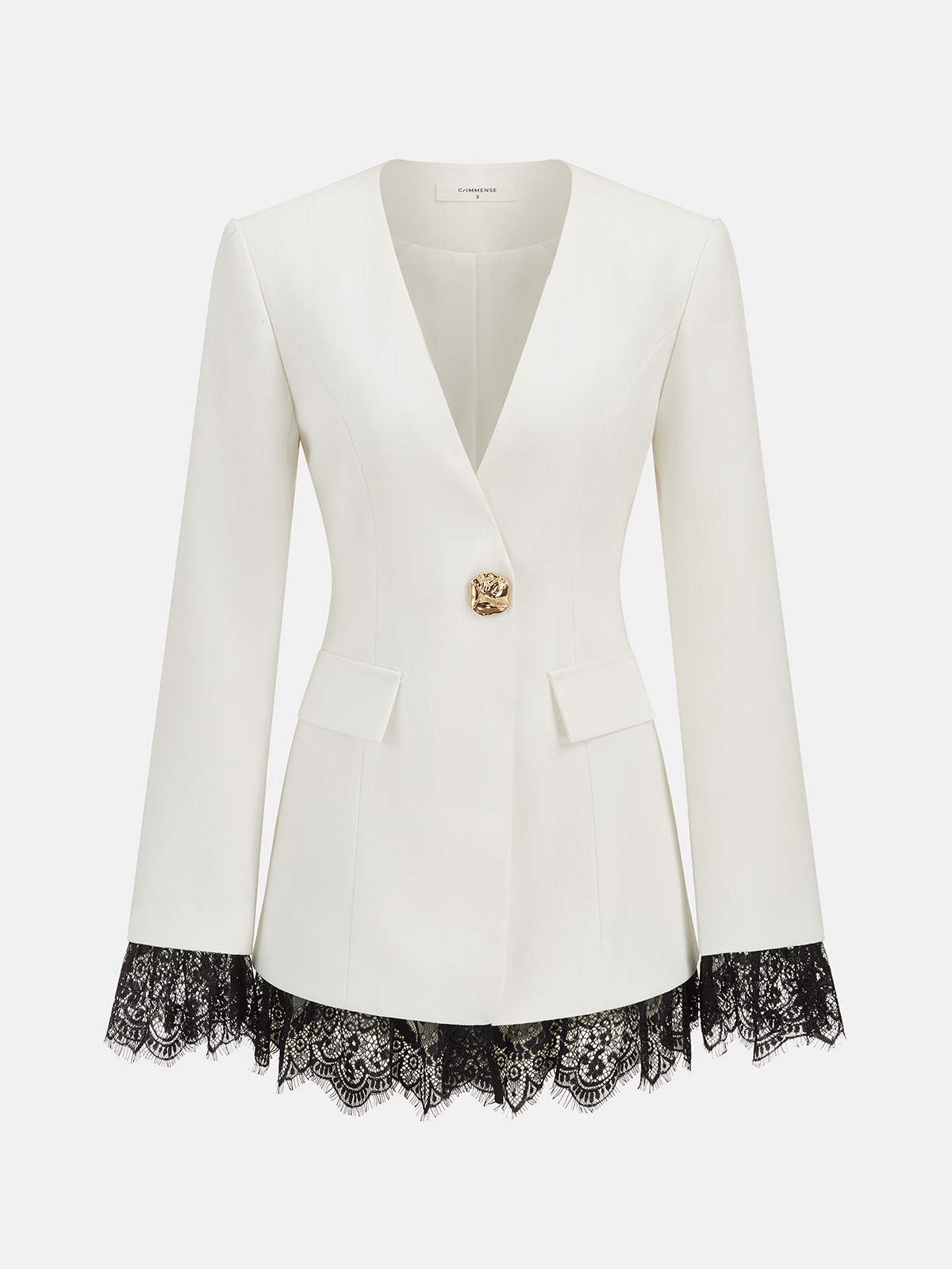 Lace Trim Metal Button Blazer-Chicvia