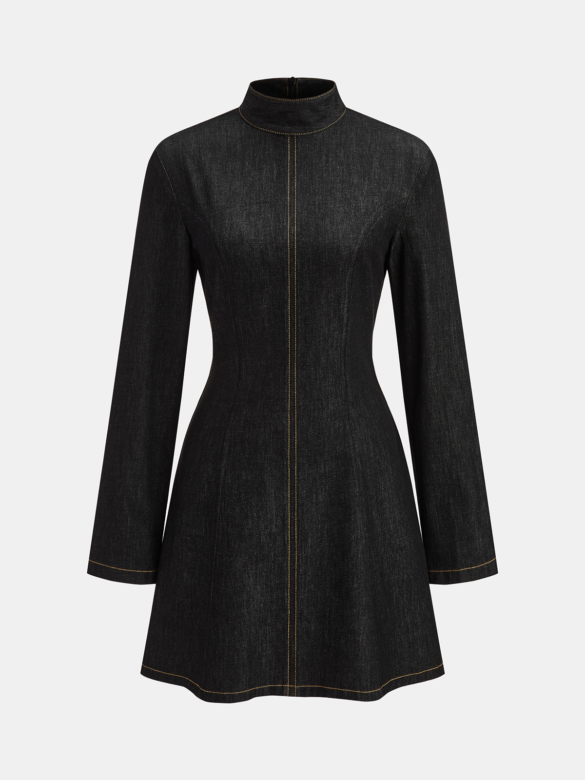 Contrast Stitched Denim Stand Collar Mini Dress-Chicvia