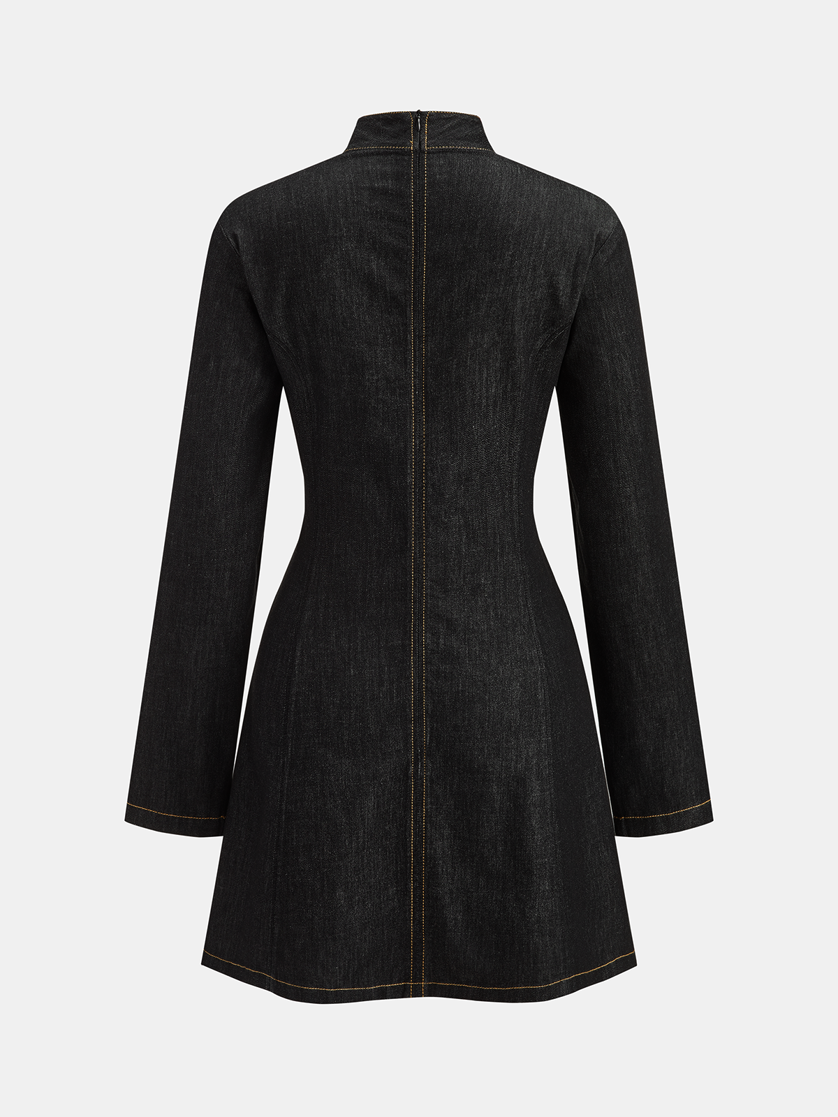 Contrast Stitched Denim Stand Collar Mini Dress-Chicvia