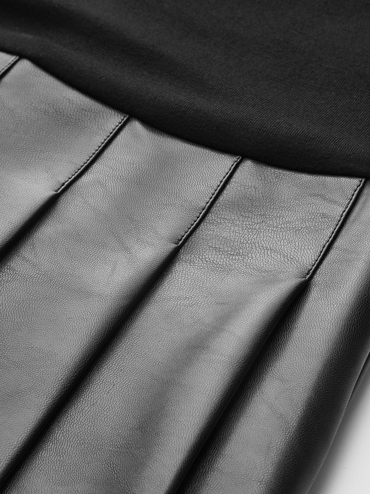 Faux Leather Pleated Panel Long Sleeve Dress-Chicvia