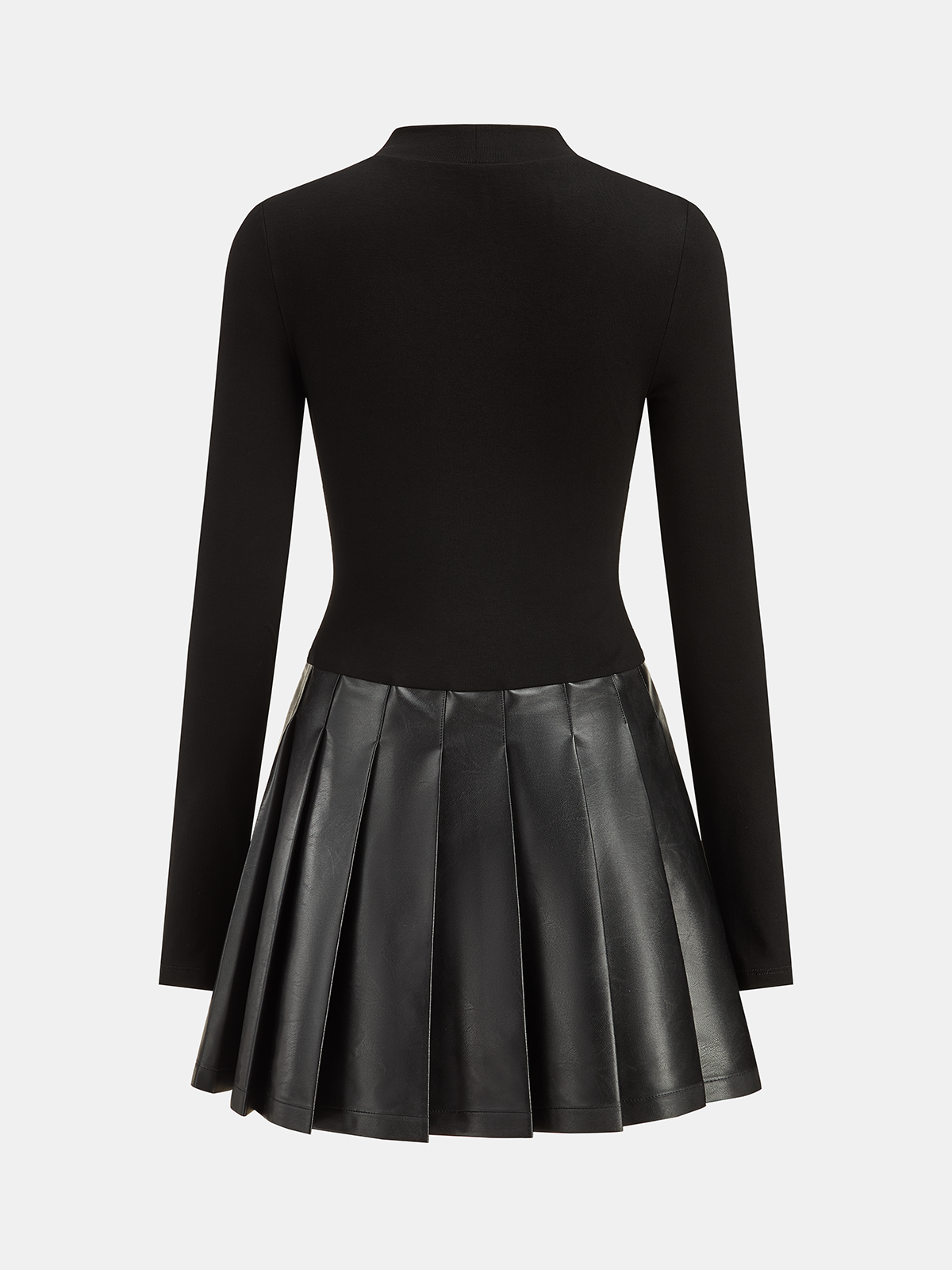 Faux Leather Pleated Panel Long Sleeve Dress-Chicvia