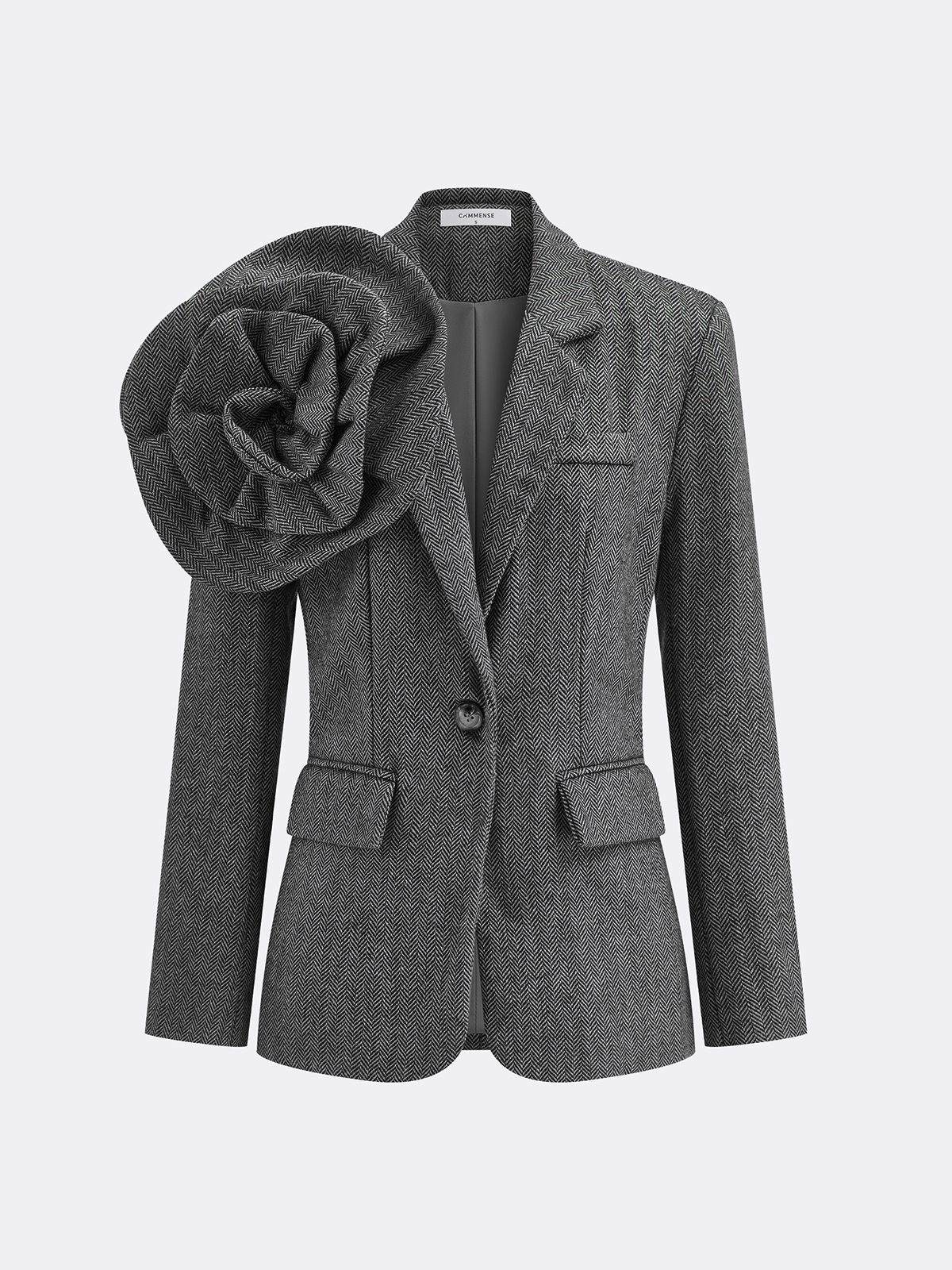 Large 3D Flower Single Button Tweed Blazer-Chicvia