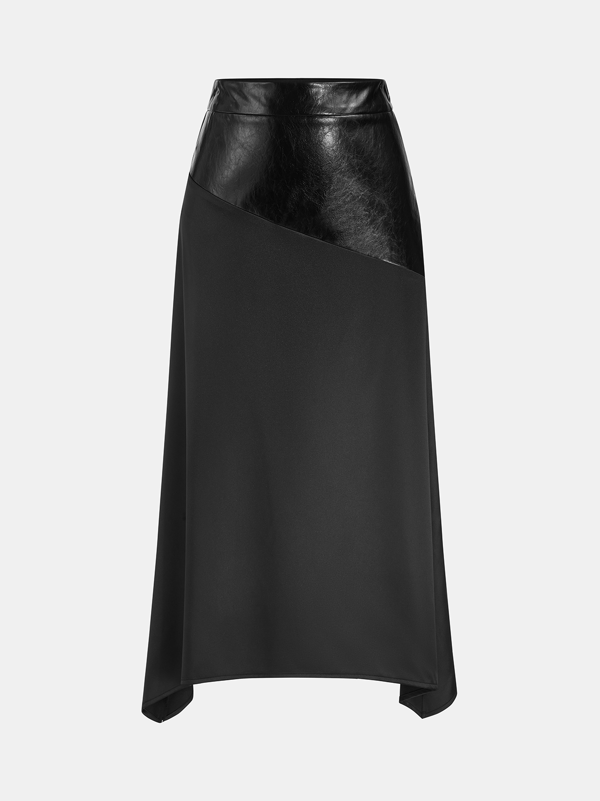 Faux Leather Panel Satin Asymmetric Midi Skirt-Chicvia