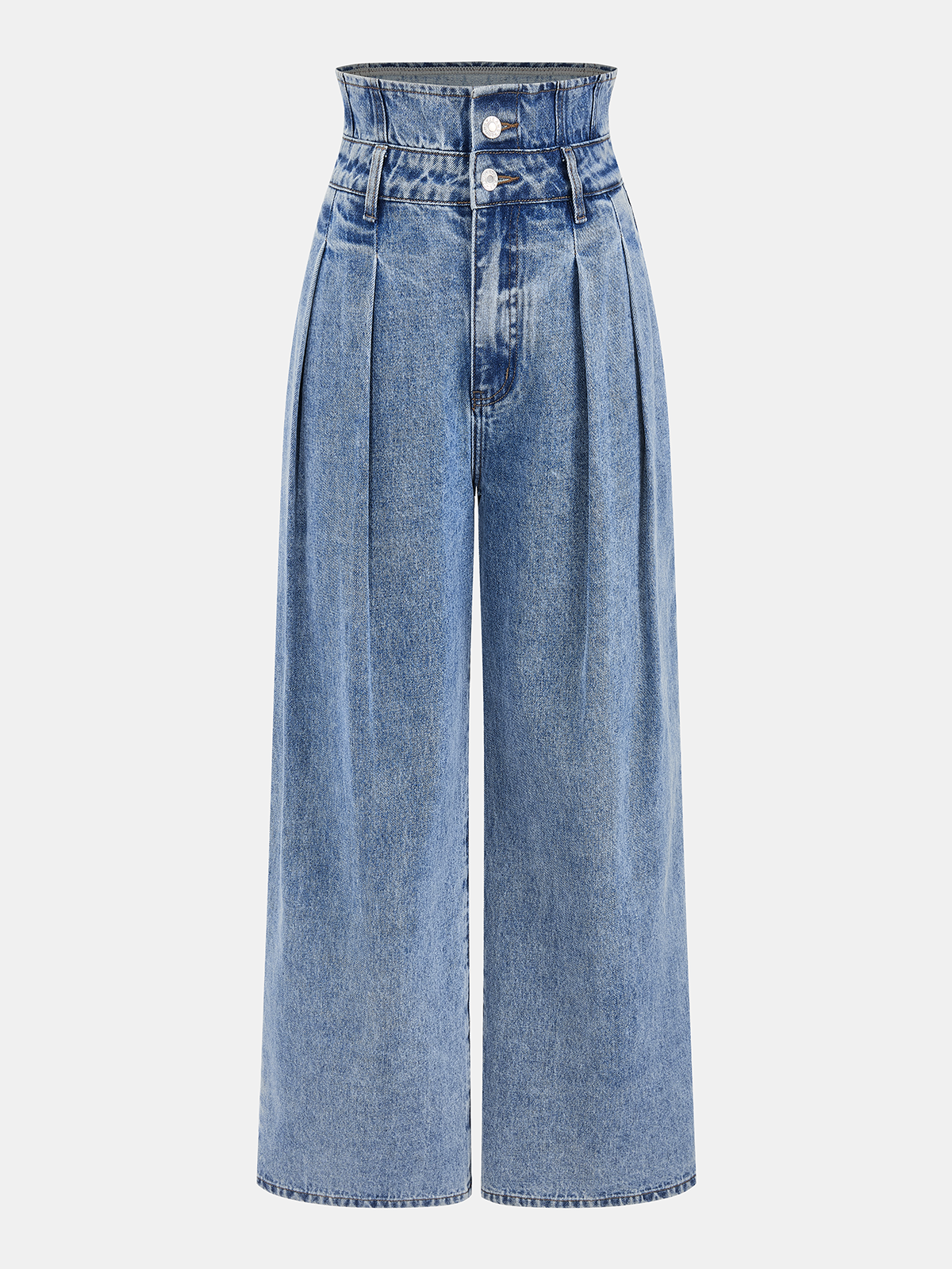 Double Waistband Pleated Wide-Leg Jeans-Chicvia