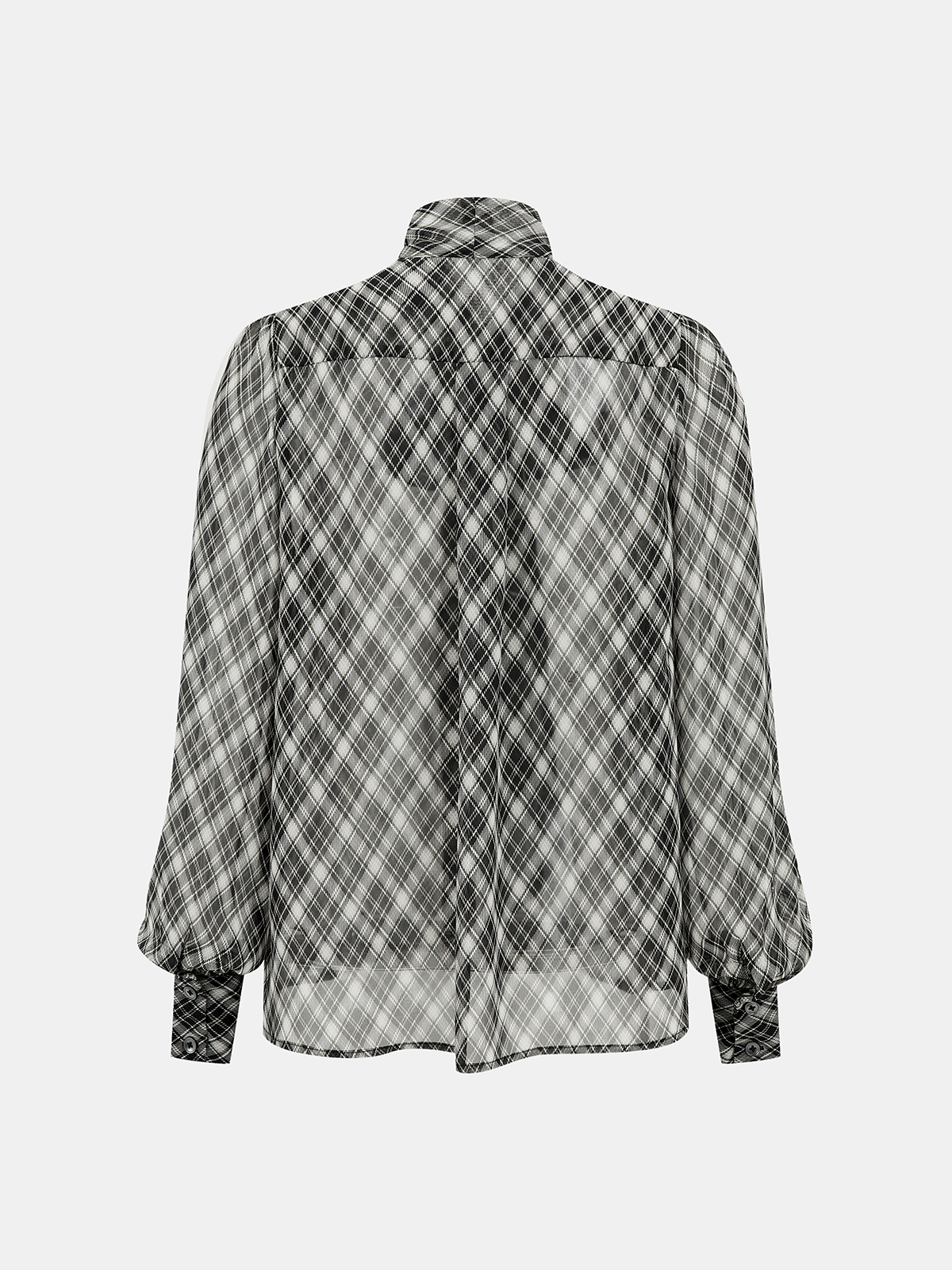 Plaid Sheer Chiffon Tie-Neck Blouse-Chicvia