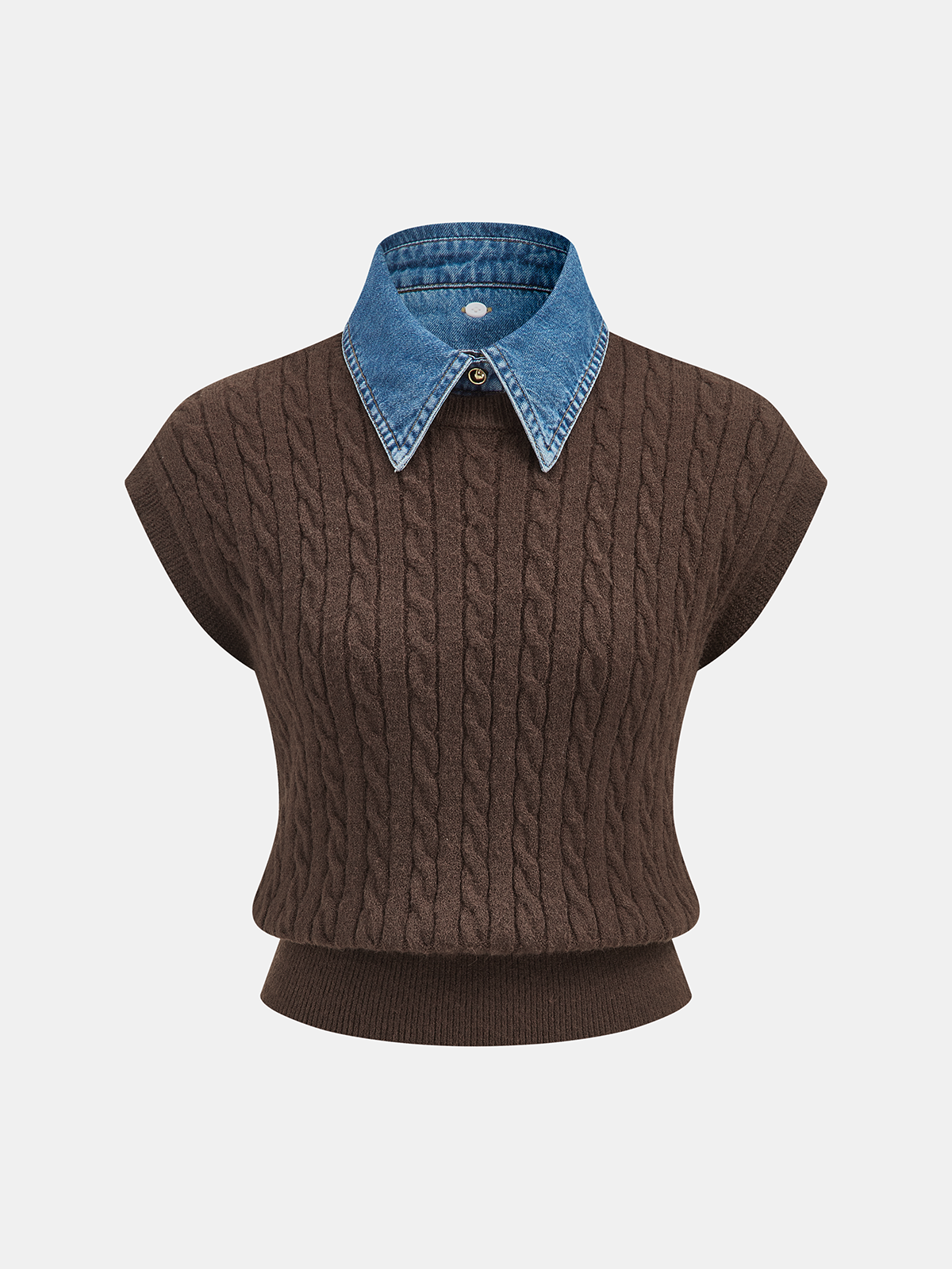 Denim Collar Cable-Knit Sleeveless Vest-Chicvia