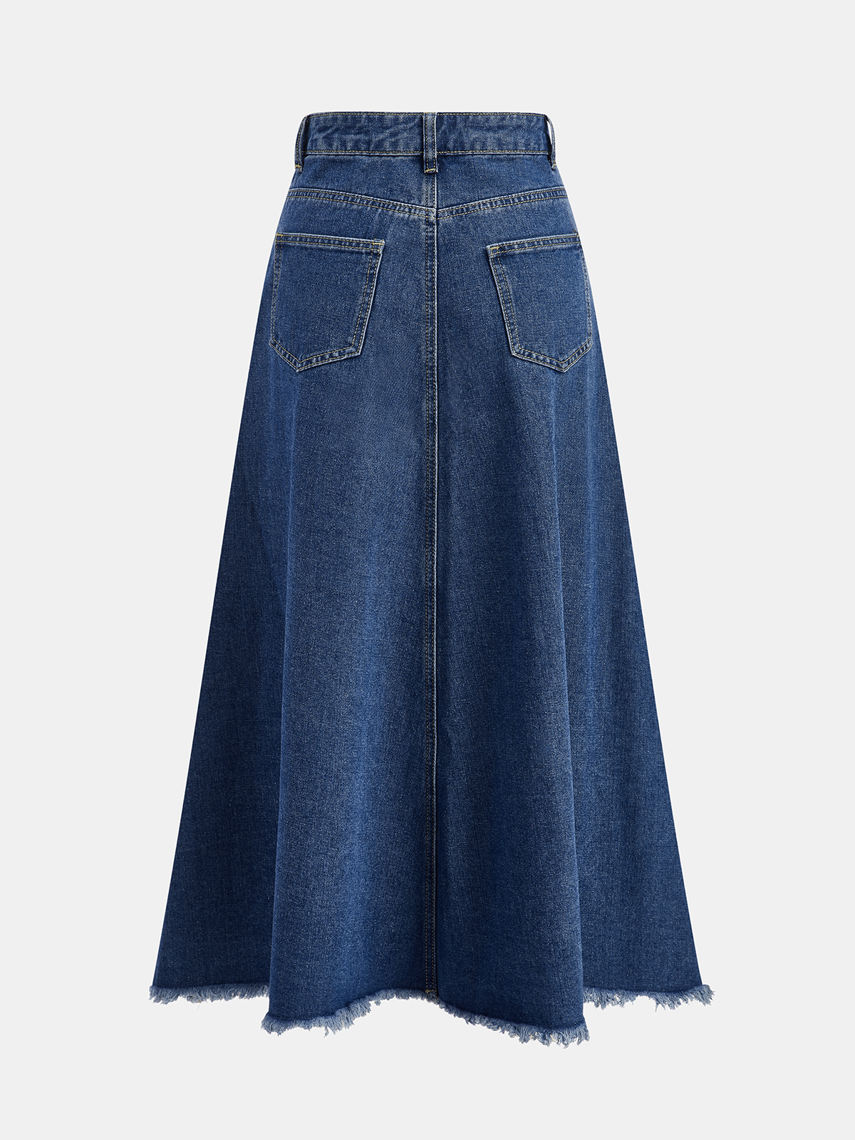 Frayed Hem Denim Midi Skirt-Chicvia
