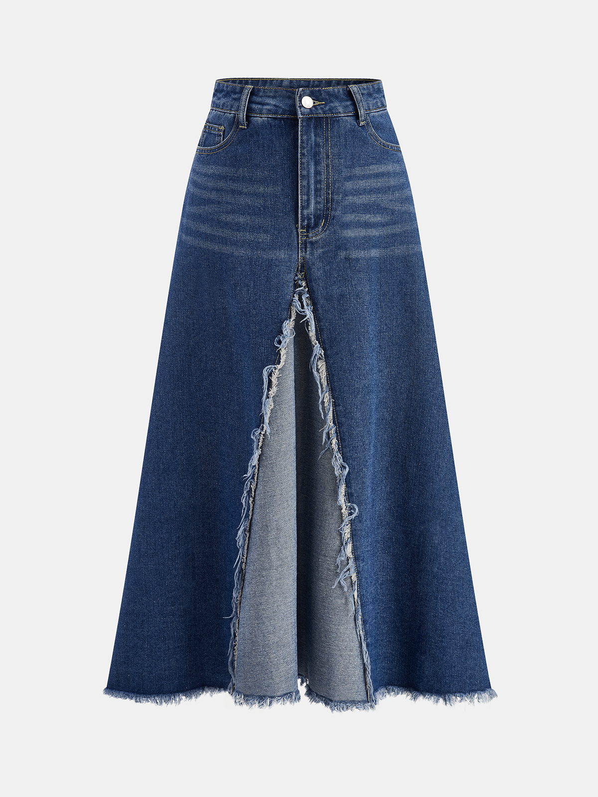 Frayed Hem Denim Midi Skirt-Chicvia