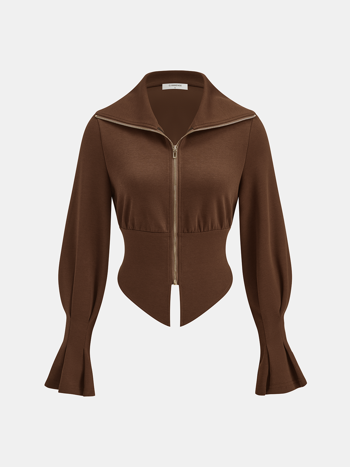 Cotton Blend Lantern-Sleeve Zip-Front Jacket-Chicvia