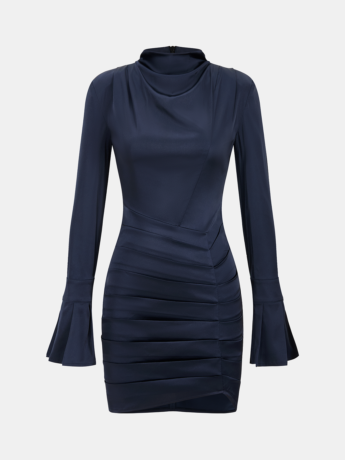 Flared Sleeve Satin Pleated Bodycon Mini Dress-Chicvia