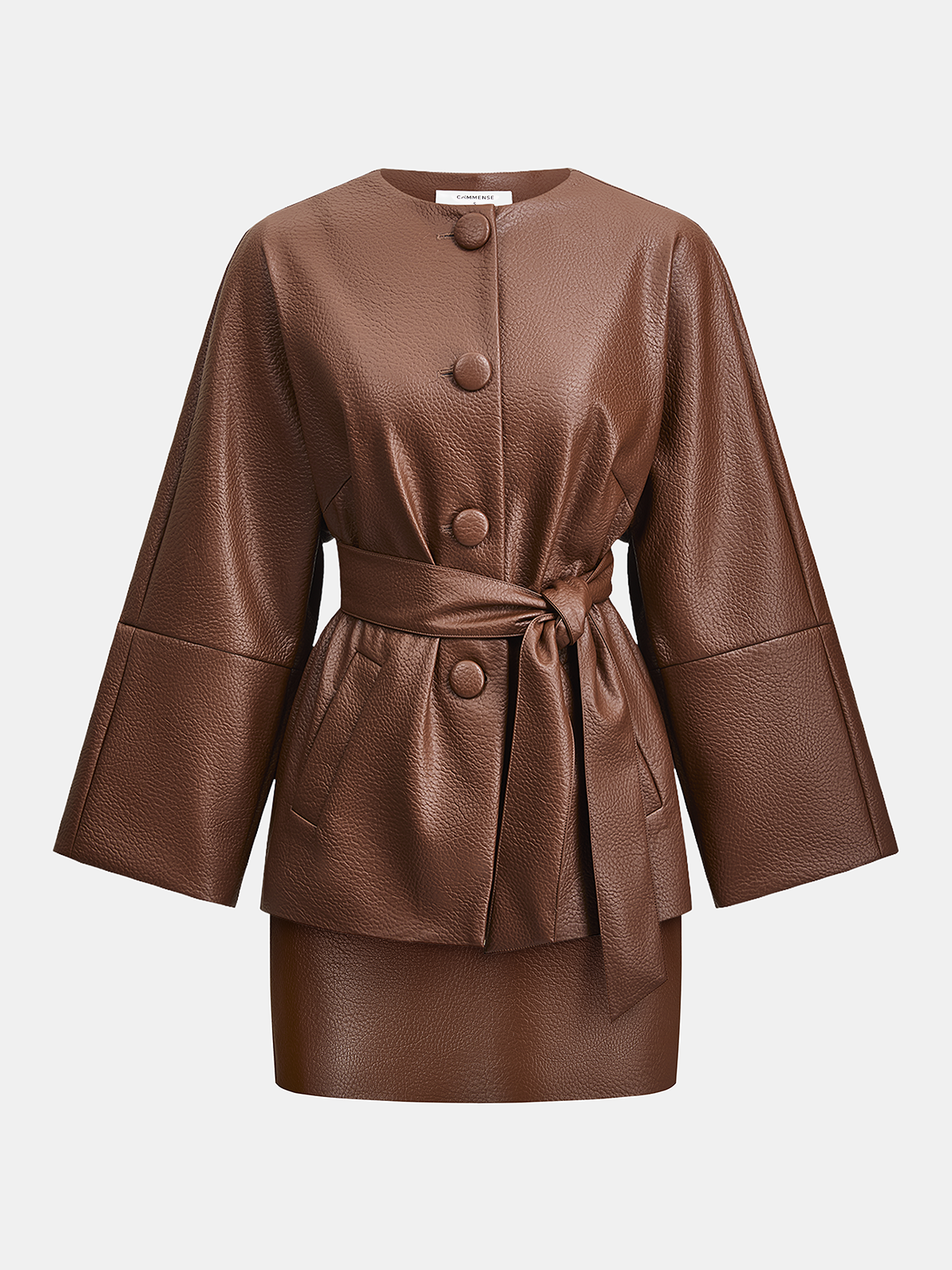 Faux Leather Belted Jacket & Skirt Set-Chicvia