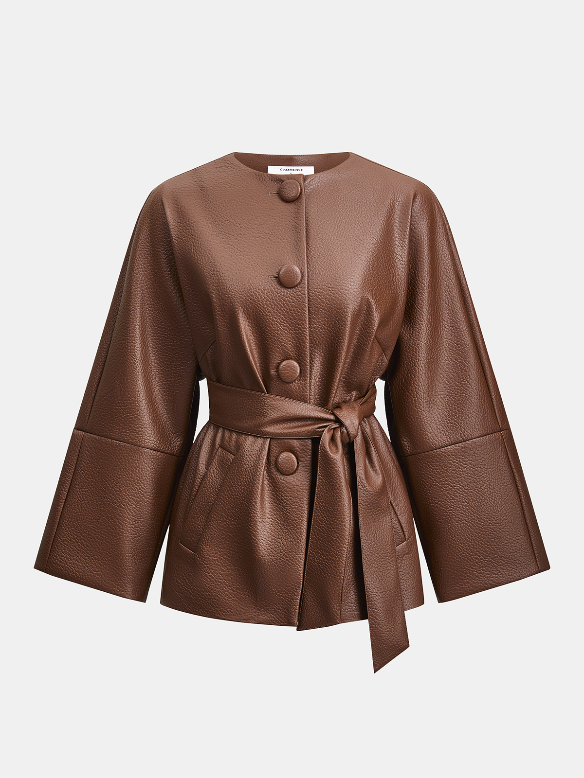 Faux Leather Belted Jacket & Skirt Set-Chicvia