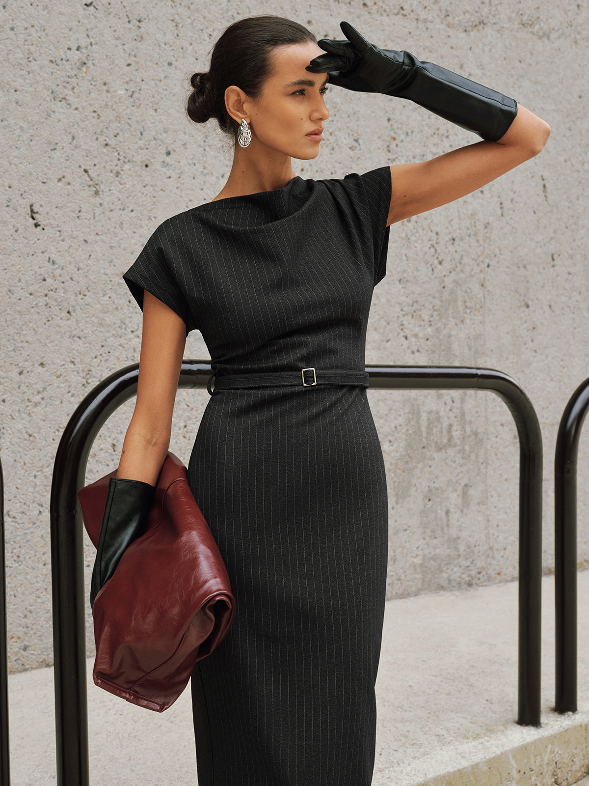 Pinstripe Cap-Sleeve Belted Maxi Dress-Chicvia