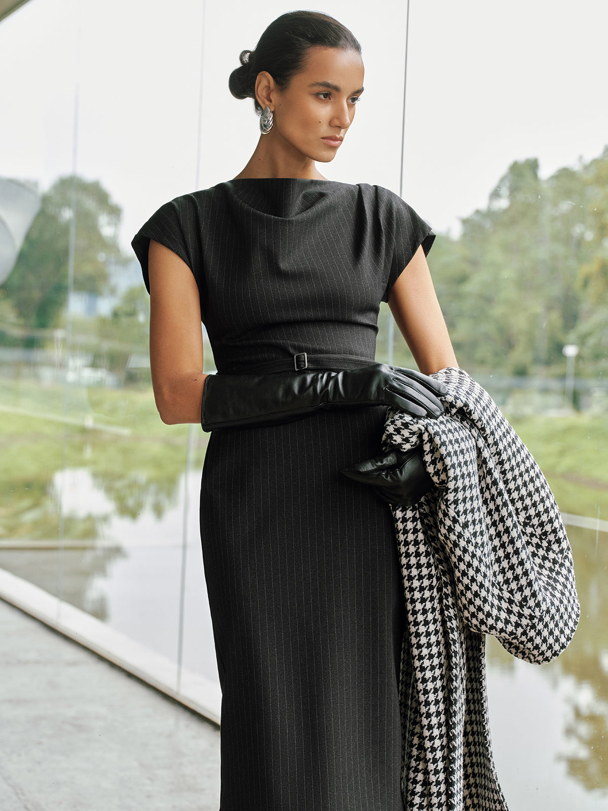 Pinstripe Cap-Sleeve Belted Maxi Dress-Chicvia