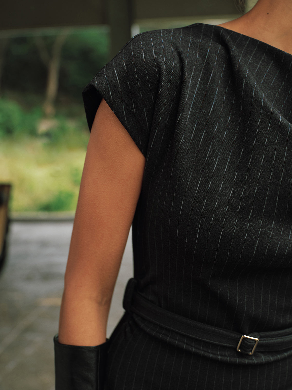 Pinstripe Cap-Sleeve Belted Maxi Dress-Chicvia