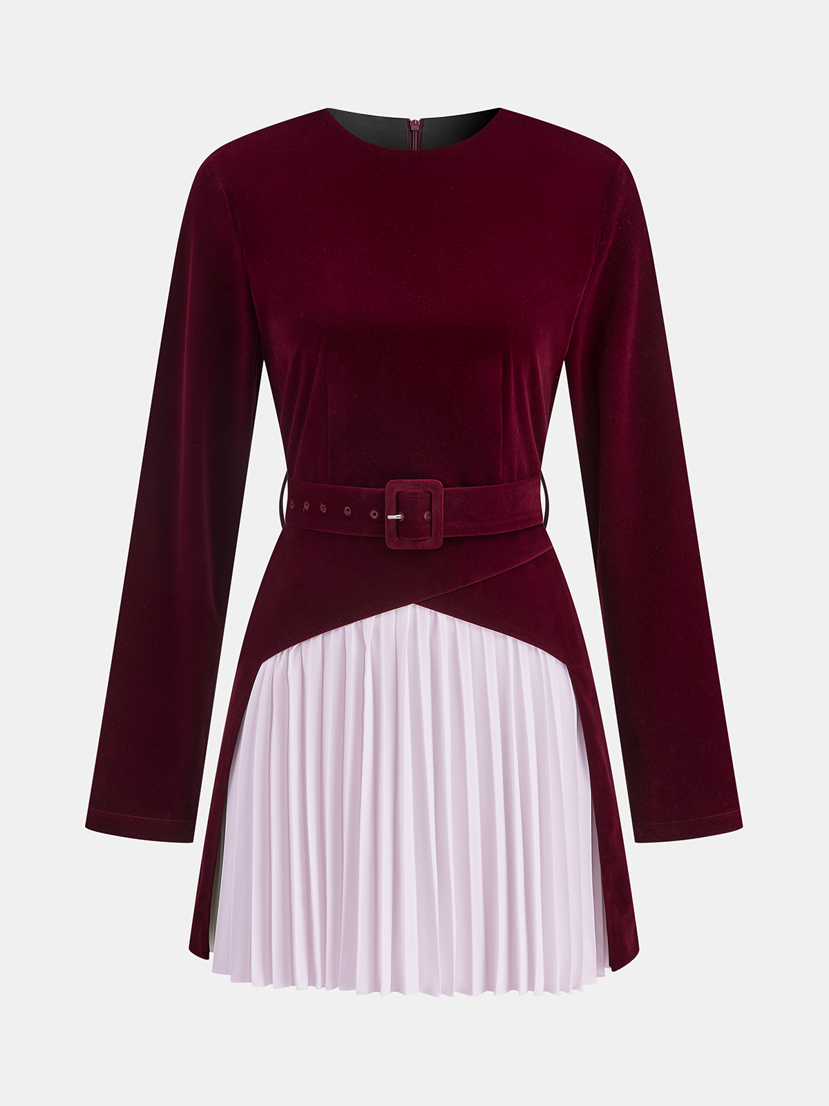 Pleated Panel Velvet Mini Dress with Belt-Chicvia