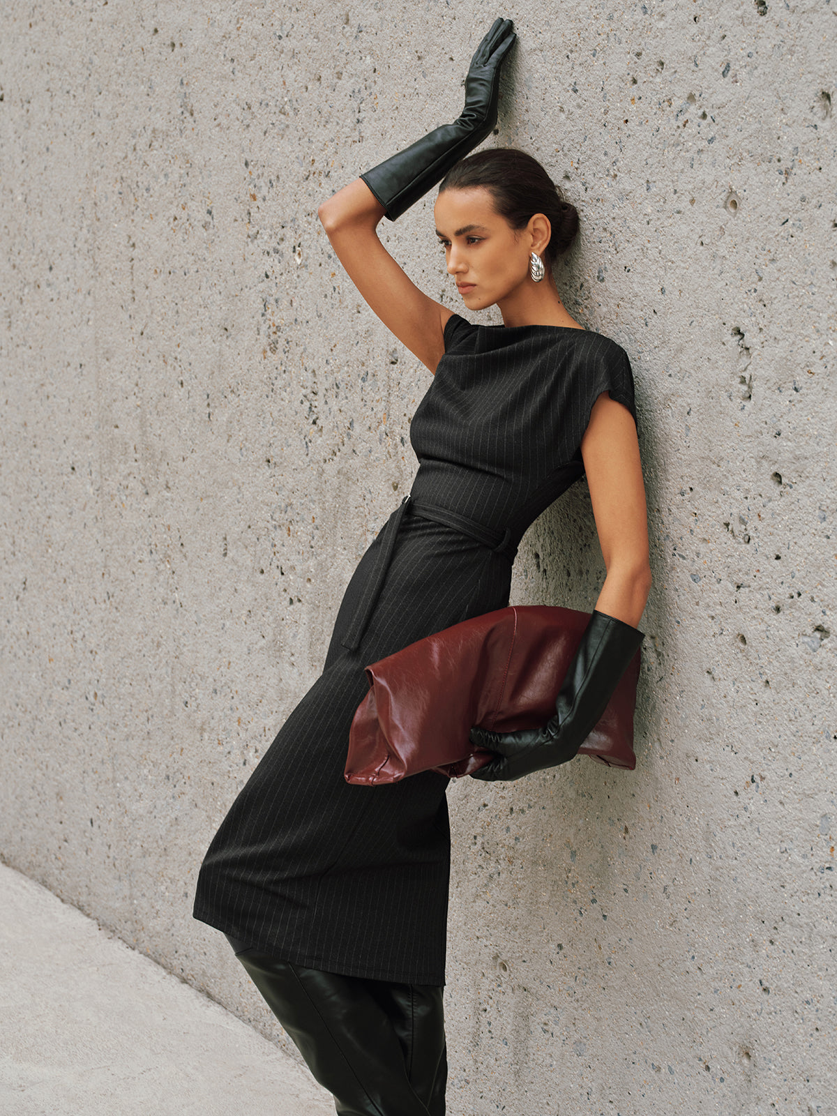 Pinstripe Cap-Sleeve Belted Maxi Dress-Chicvia