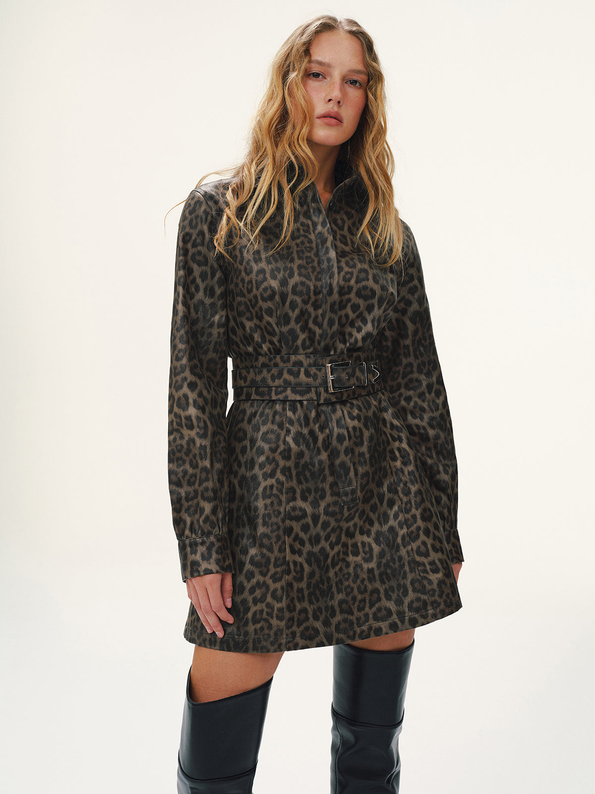 Belted Leopard Print Shirt Dress-Chicvia