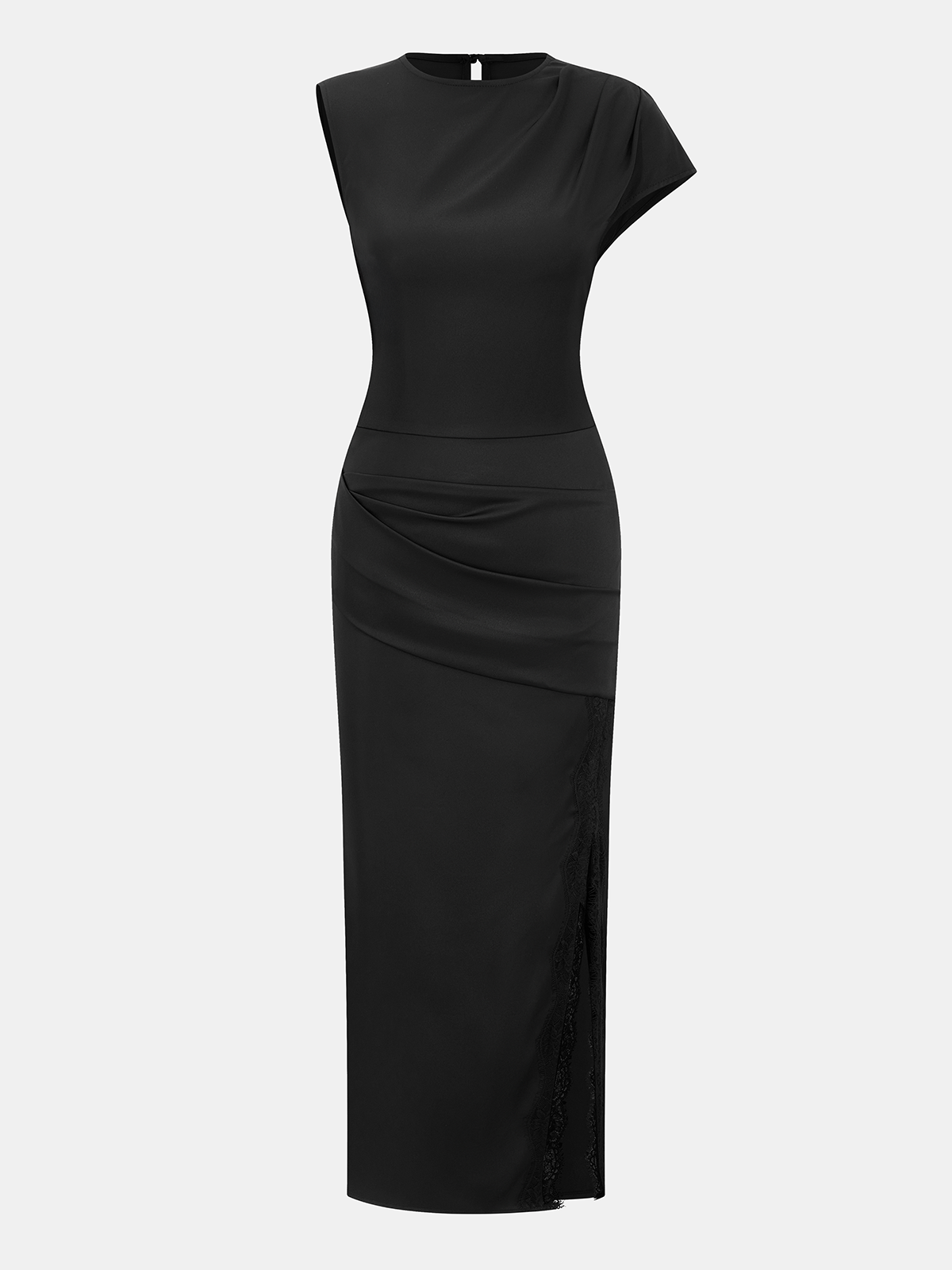 Lace Trim Ruched Slit Satin Midi Dress-Chicvia