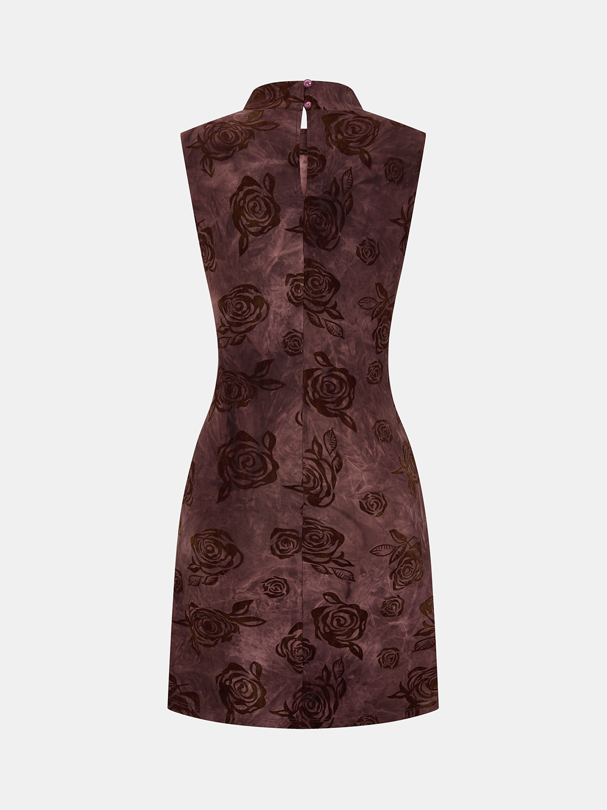 Flocked Rose-Print Ruched Sleeveless Mini Dress-Chicvia