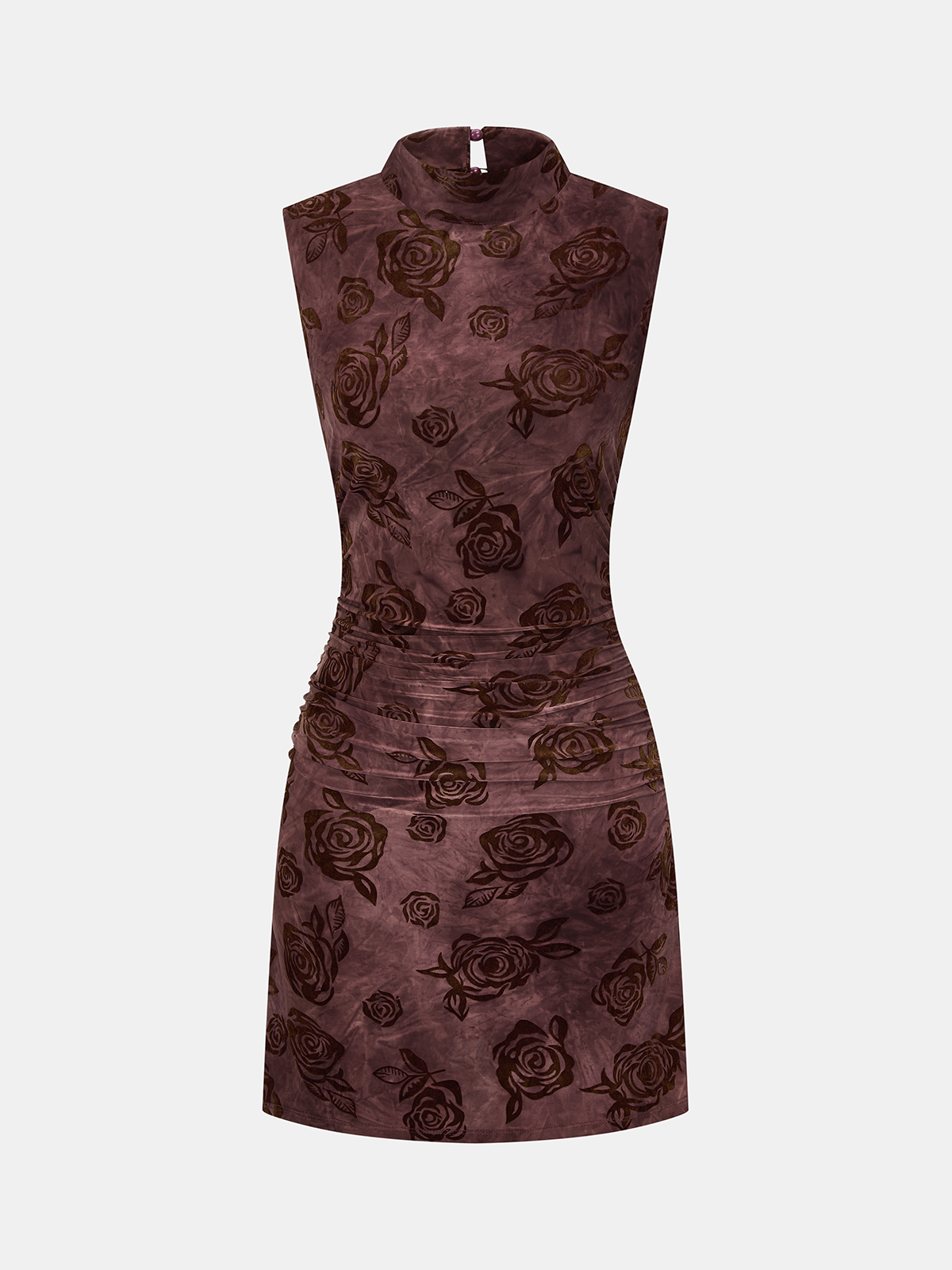 Flocked Rose-Print Ruched Sleeveless Mini Dress-Chicvia