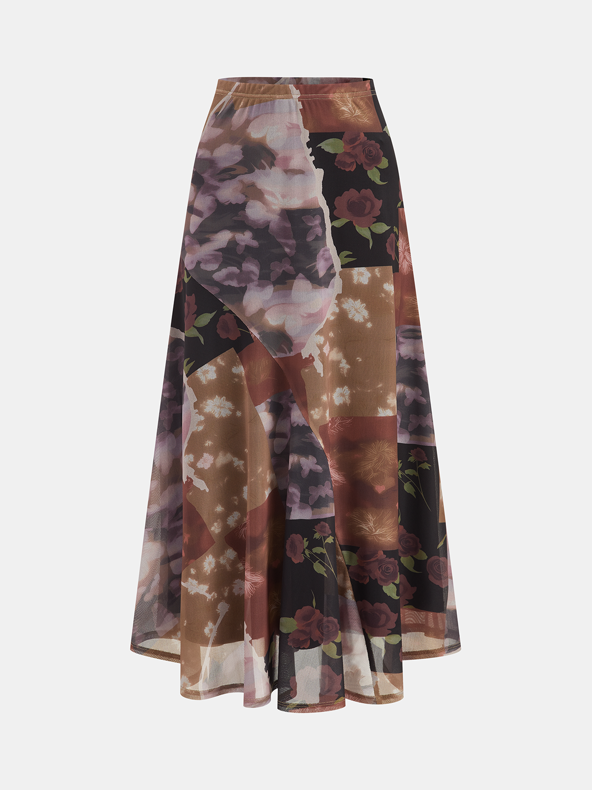Patchwork Floral-Print Maxi Skirt-Chicvia