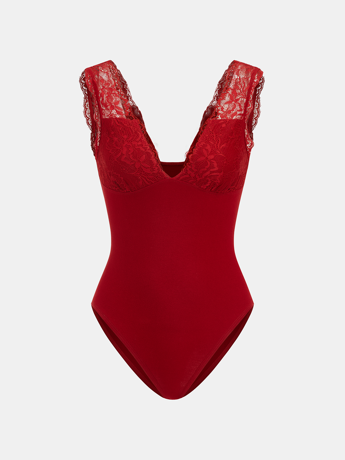 Deep V-Neck Lace-Trimmed Bodysuit-Chicvia