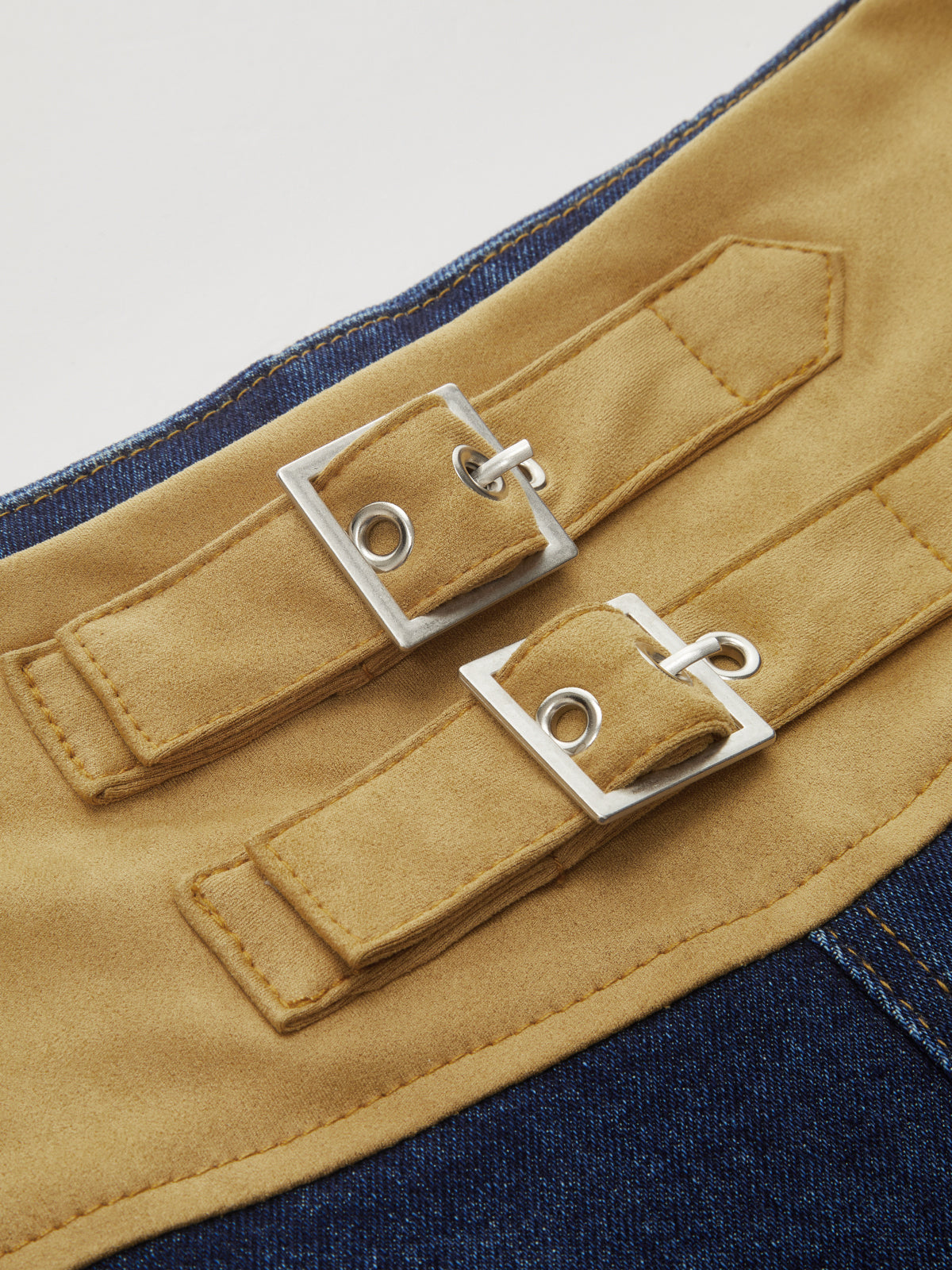 Double Buckle Suede Waist Wide-Leg Jeans-Chicvia