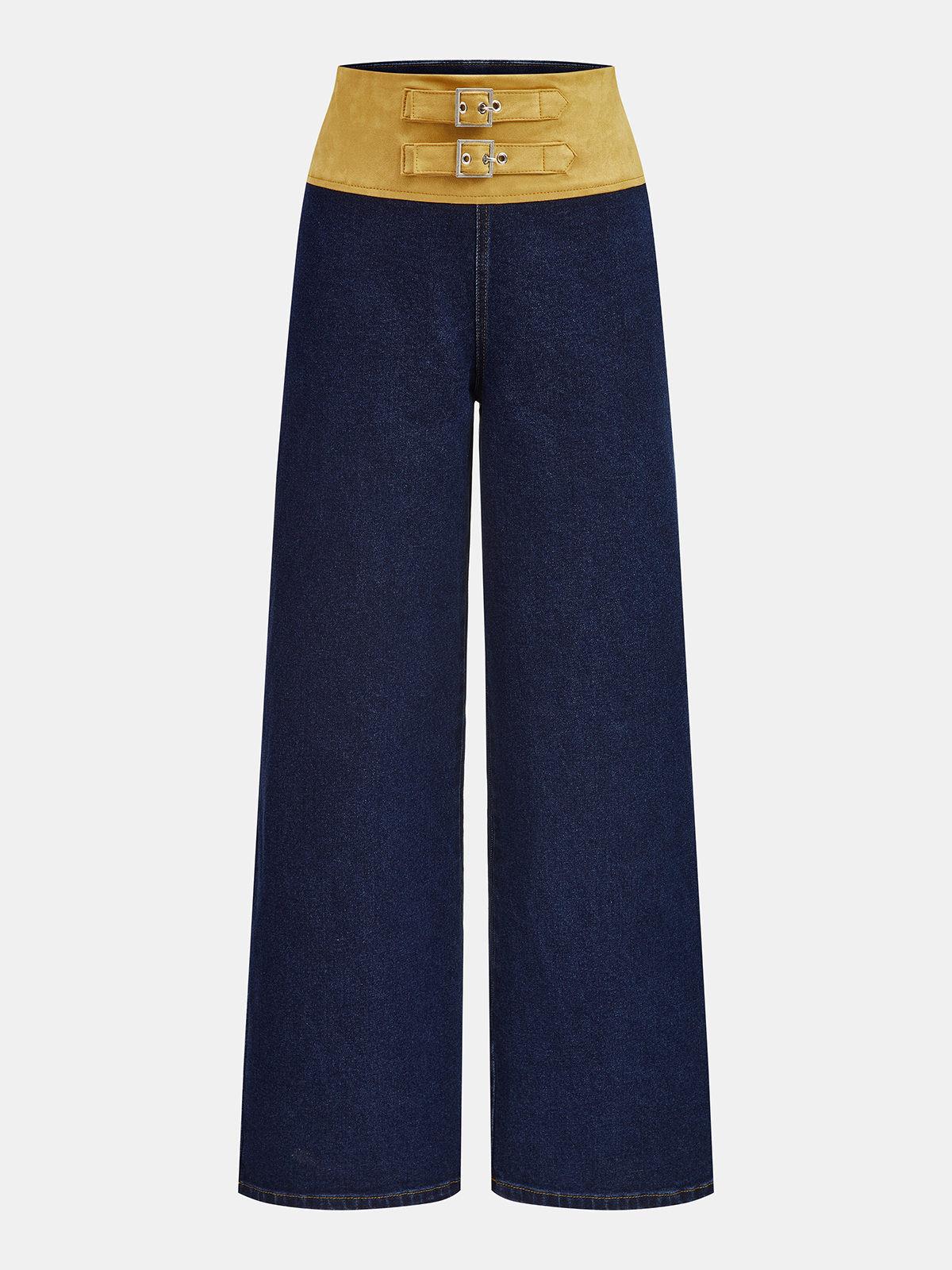 Double Buckle Suede Waist Wide-Leg Jeans-Chicvia