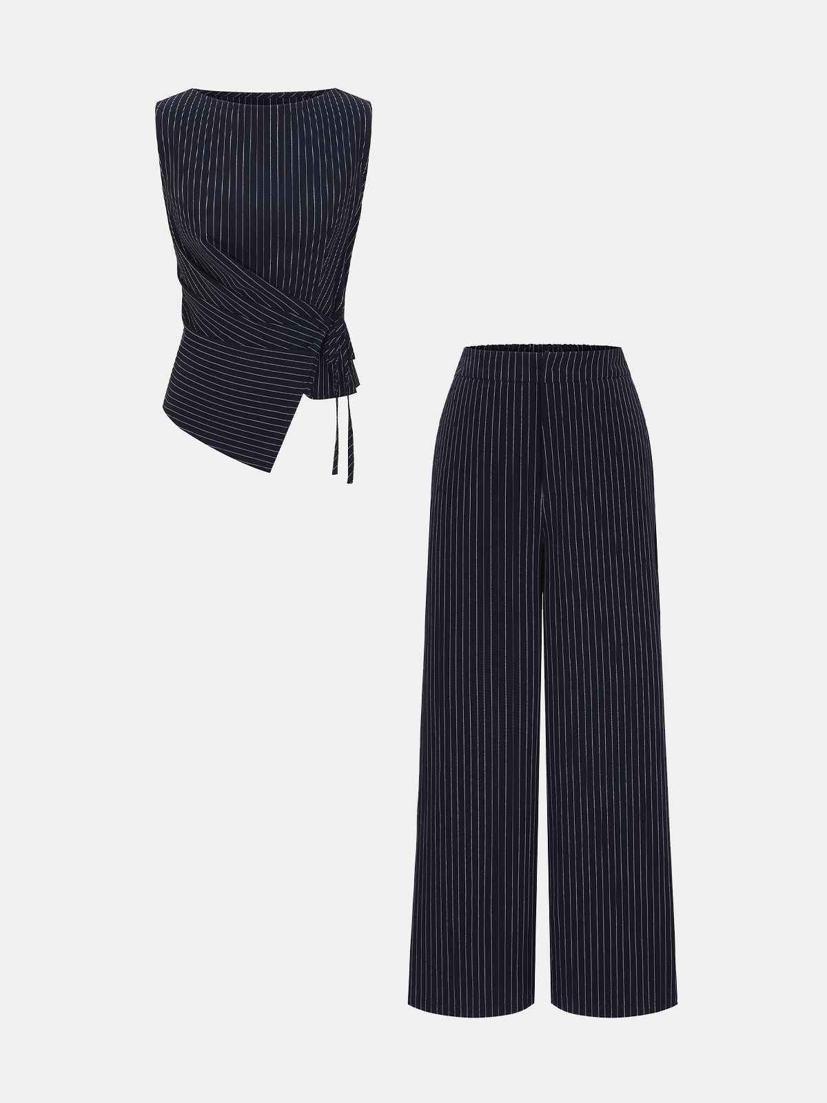 Pinstripe Wrap Top & Wide-Leg Pants Set-Chicvia