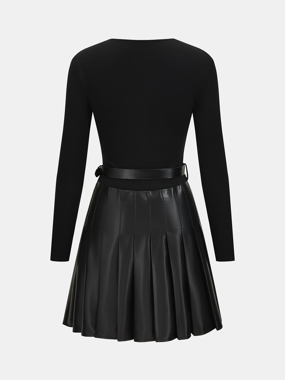 Pleated Faux Leather Panel Asymmetric Ruched Mini Dress-Chicvia