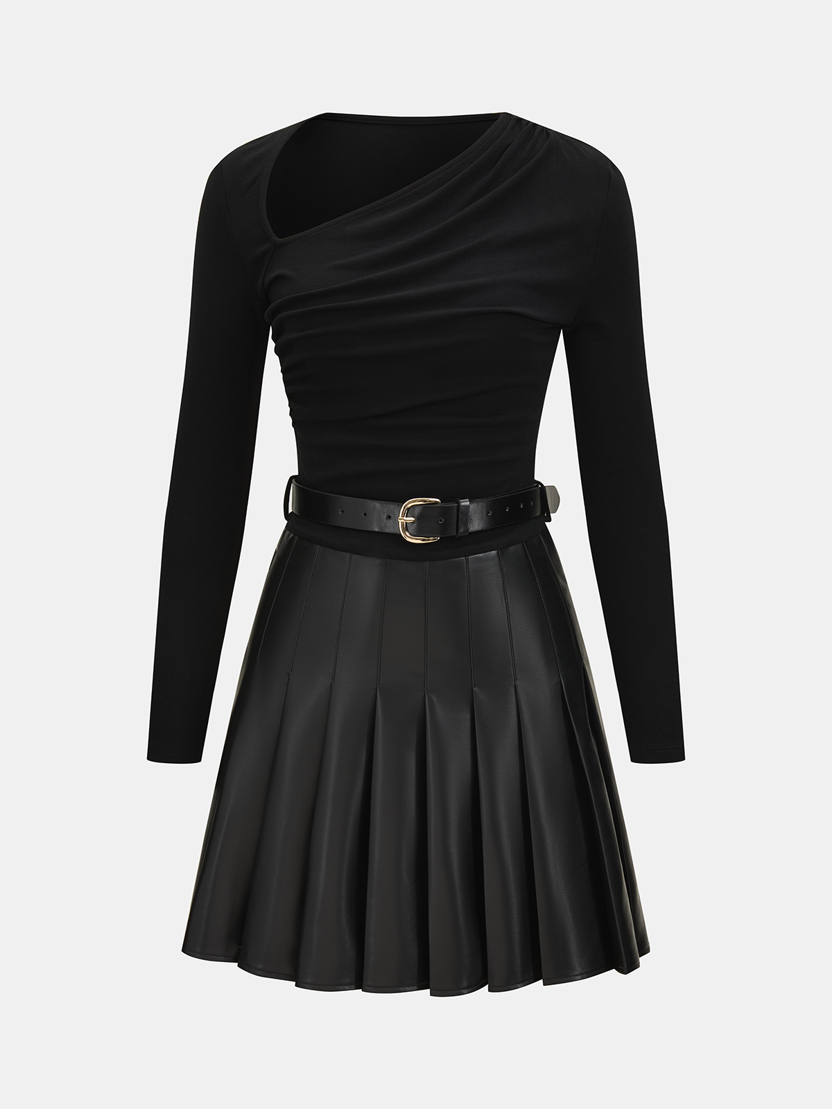 Pleated Faux Leather Panel Asymmetric Ruched Mini Dress-Chicvia