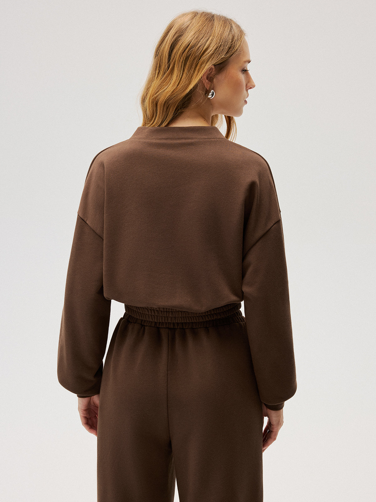 Elastic-Waist Button-Front Cropped Sweatshirt-Chicvia