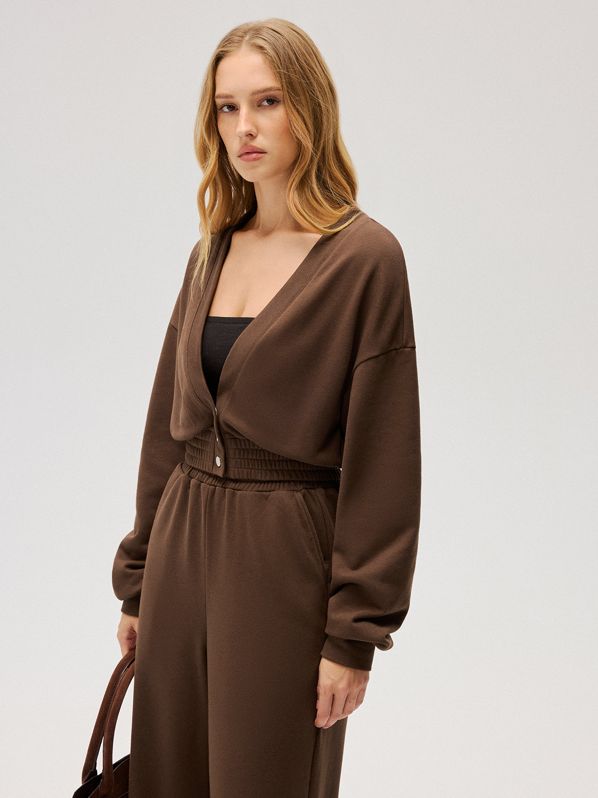 Elastic-Waist Button-Front Cropped Sweatshirt-Chicvia