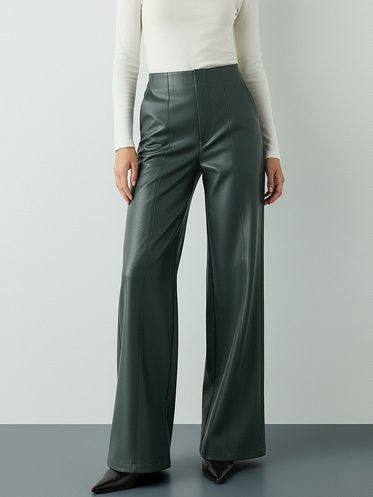 High-Wist PU Leather Wide-Leg Pants-Chicvia