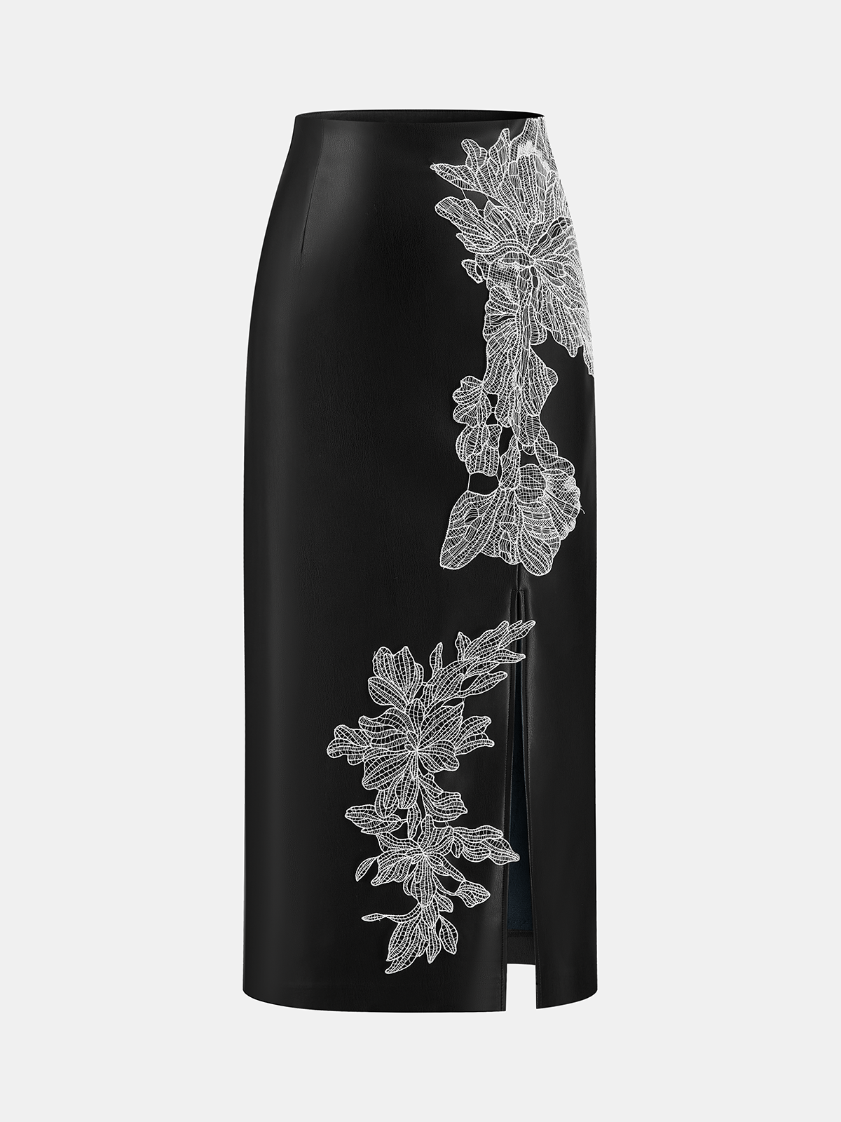 Floral Embroidered Slit PU Midi Skirt-Chicvia