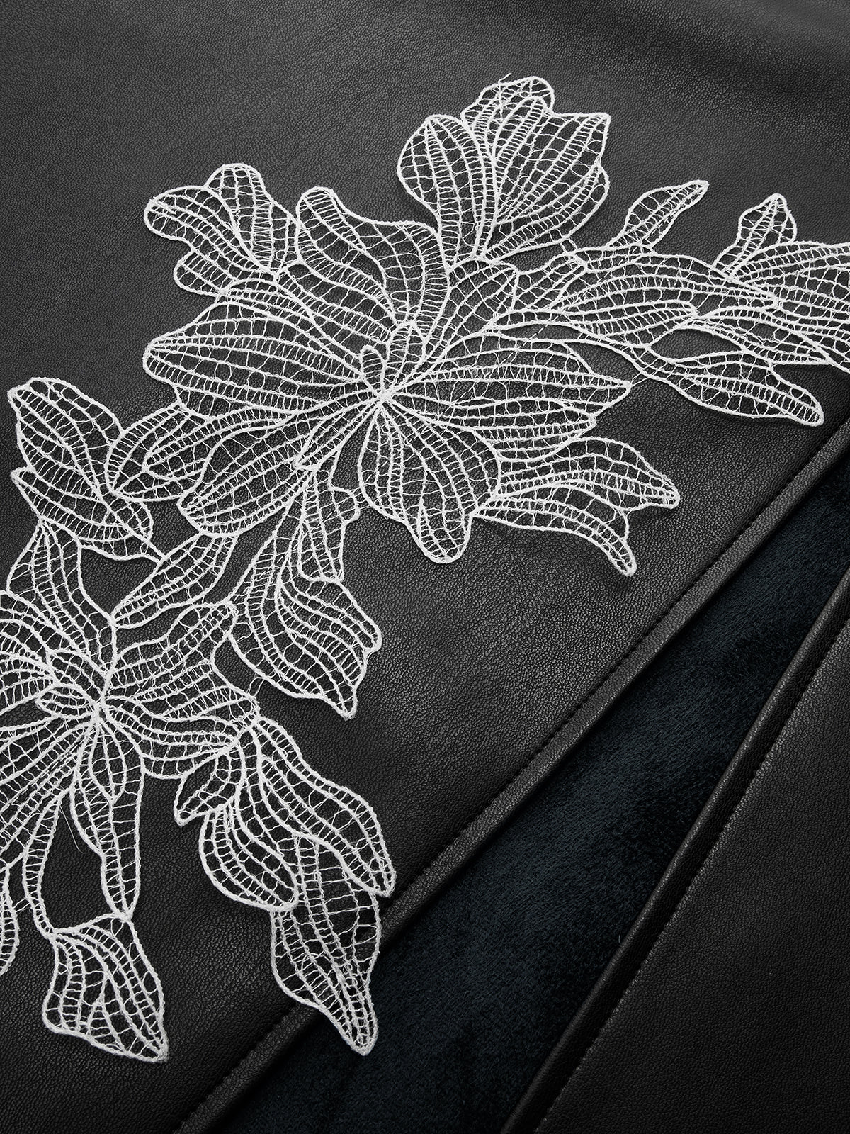 Floral Embroidered Slit PU Midi Skirt-Chicvia