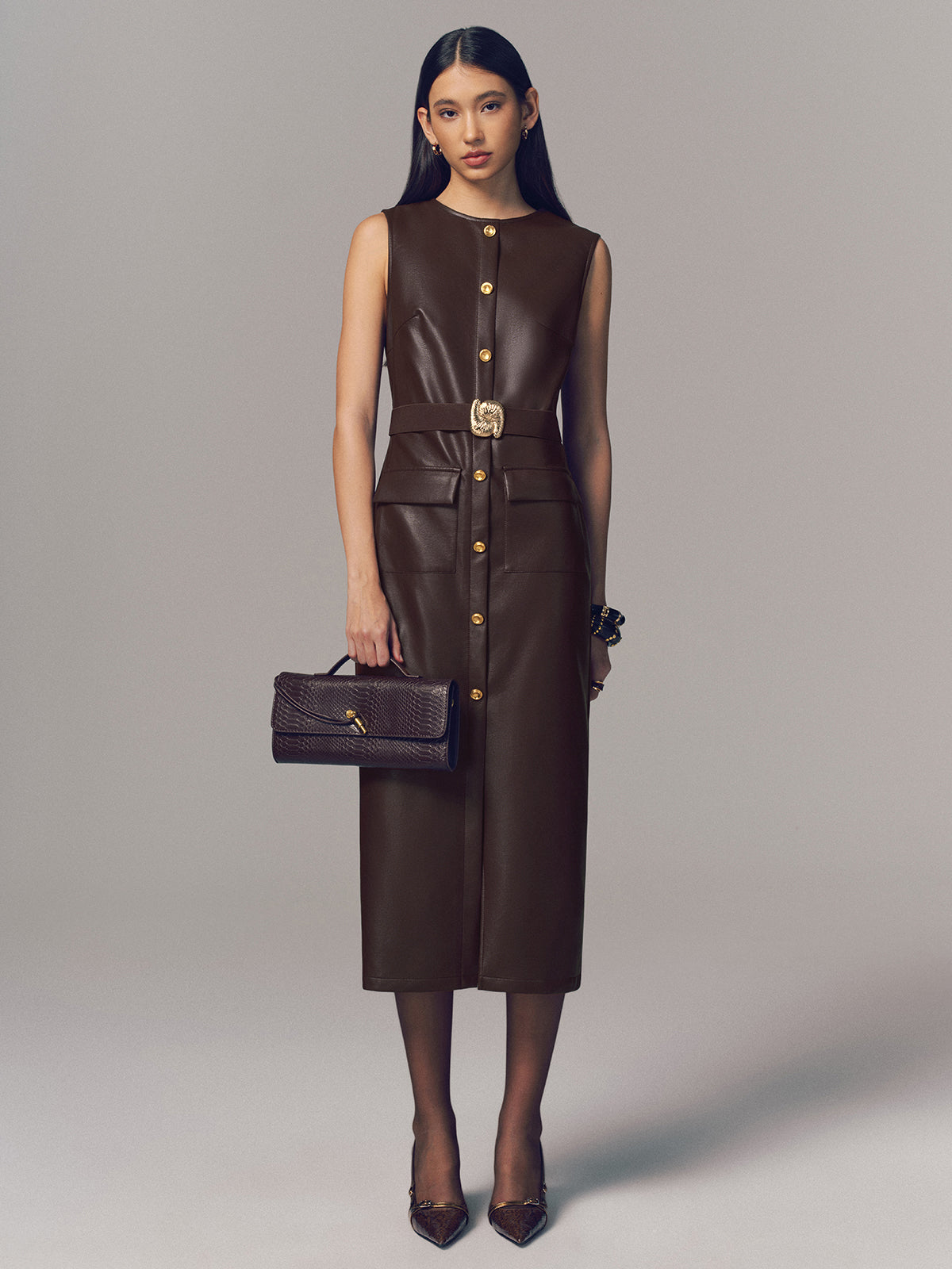 Belted Metal Button Faux Leather Sleeveless Maxi Dress-Chicvia