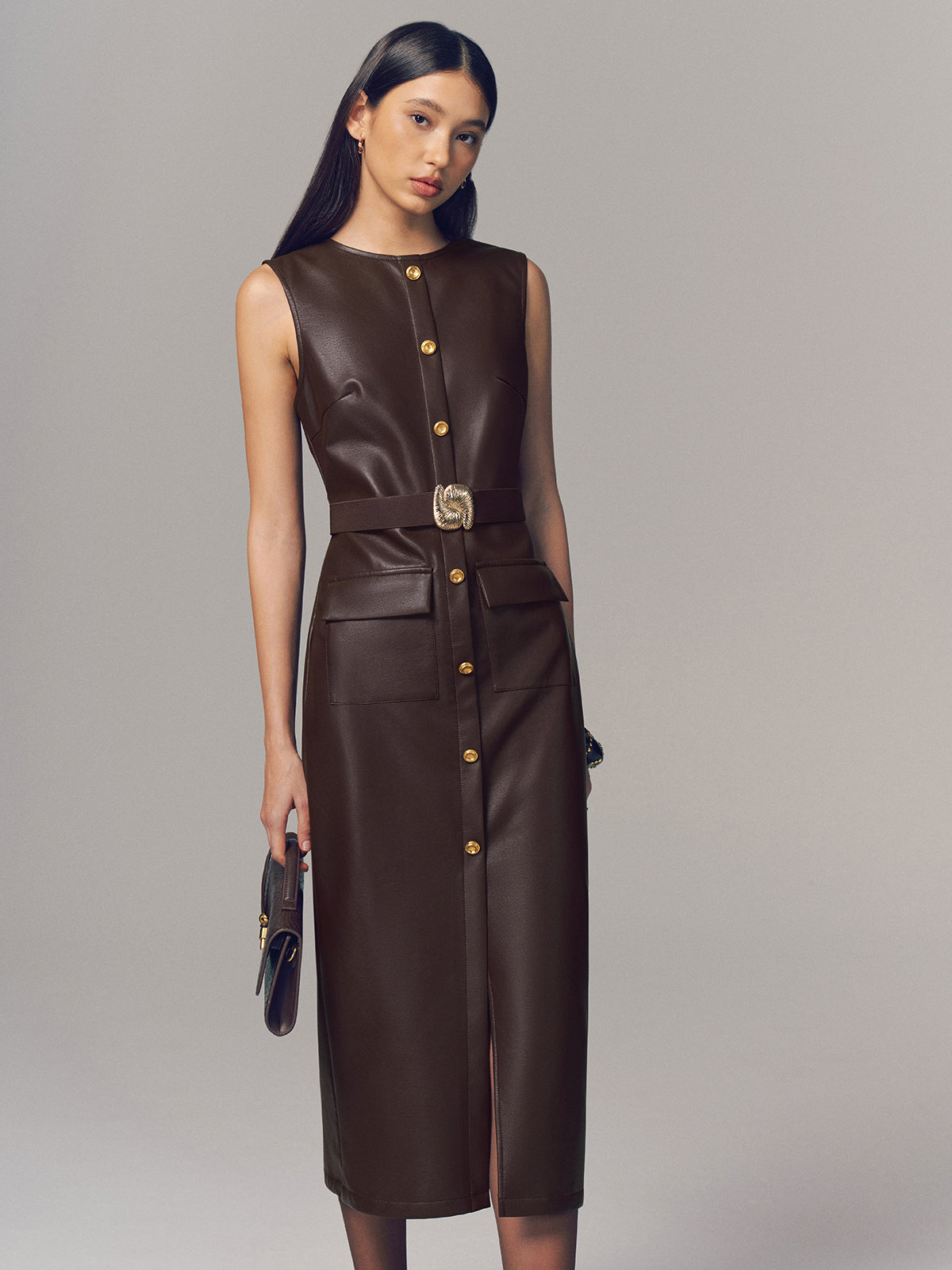 Belted Metal Button Faux Leather Sleeveless Maxi Dress-Chicvia