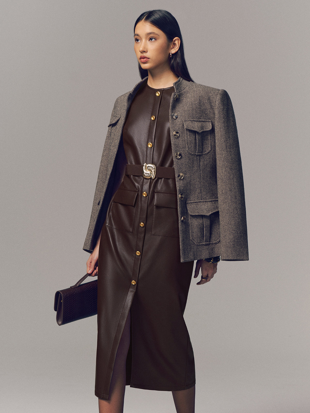 Belted Metal Button Faux Leather Sleeveless Maxi Dress-Chicvia