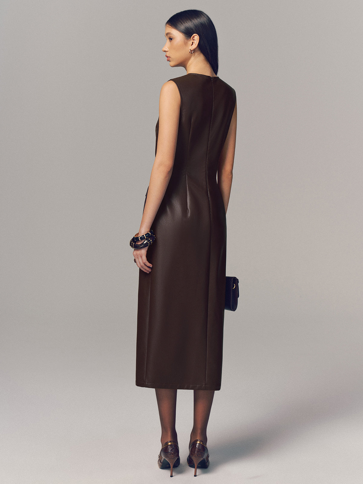 Belted Metal Button Faux Leather Sleeveless Maxi Dress-Chicvia