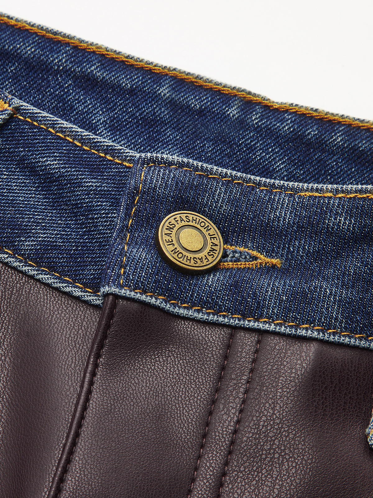 Denim Panel Faux Leather Straight-Leg Pants-Chicvia