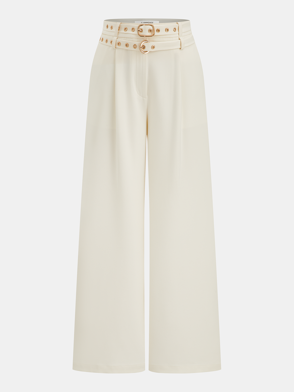 Double-Waistband Belted Straight-Leg Pants-Chicvia