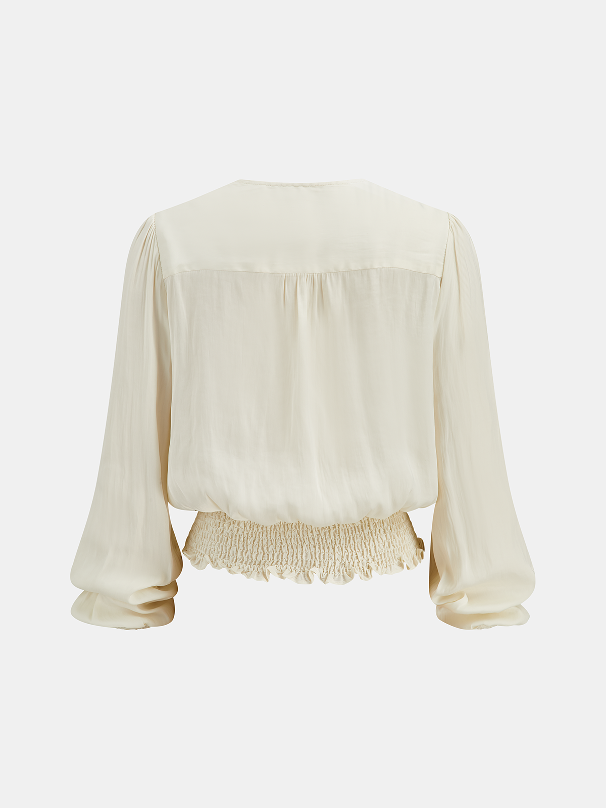 Lace Trim Smocked Waist Long Sleeve Blouse-Chicvia