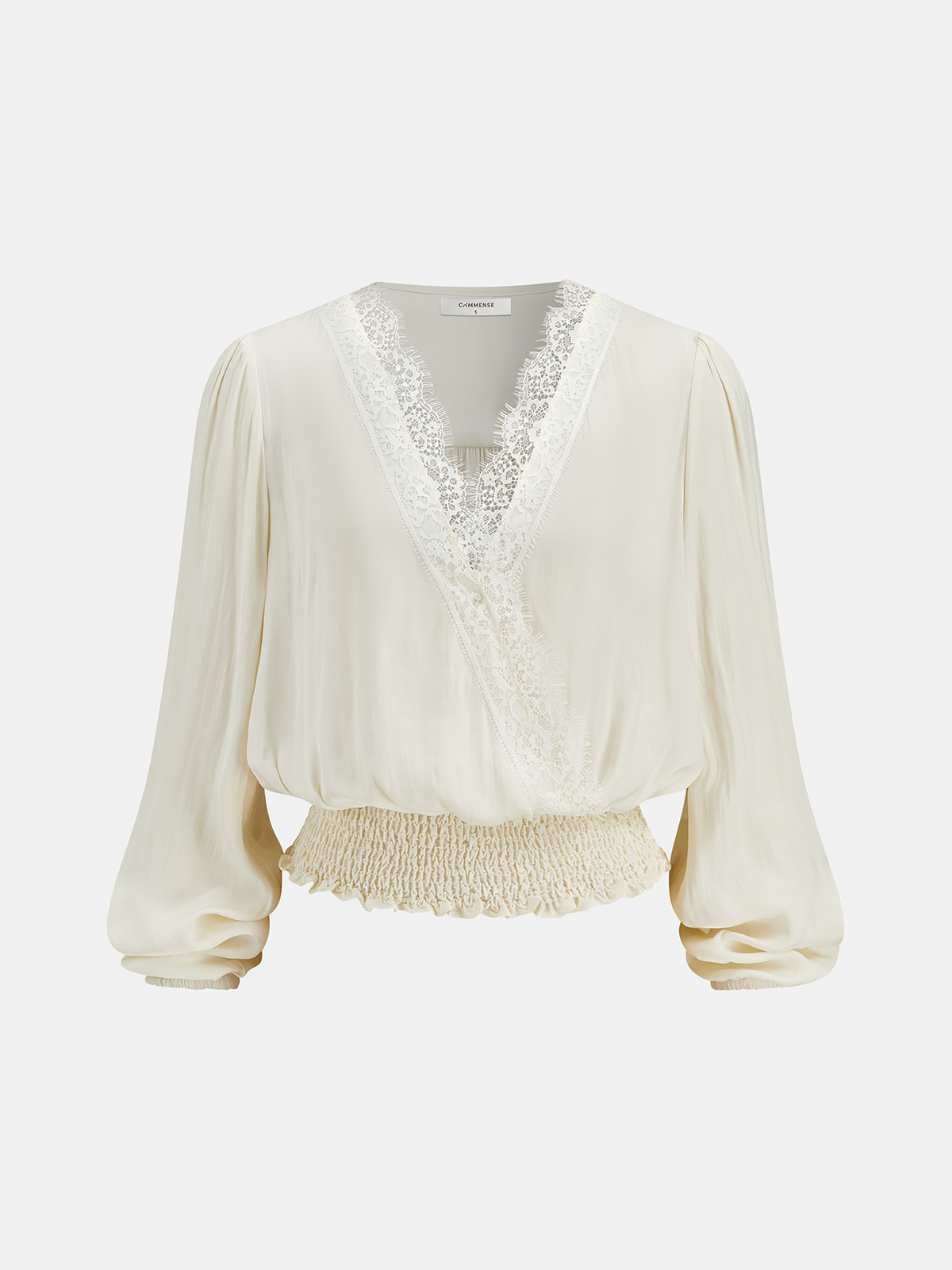 Lace Trim Smocked Waist Long Sleeve Blouse-Chicvia